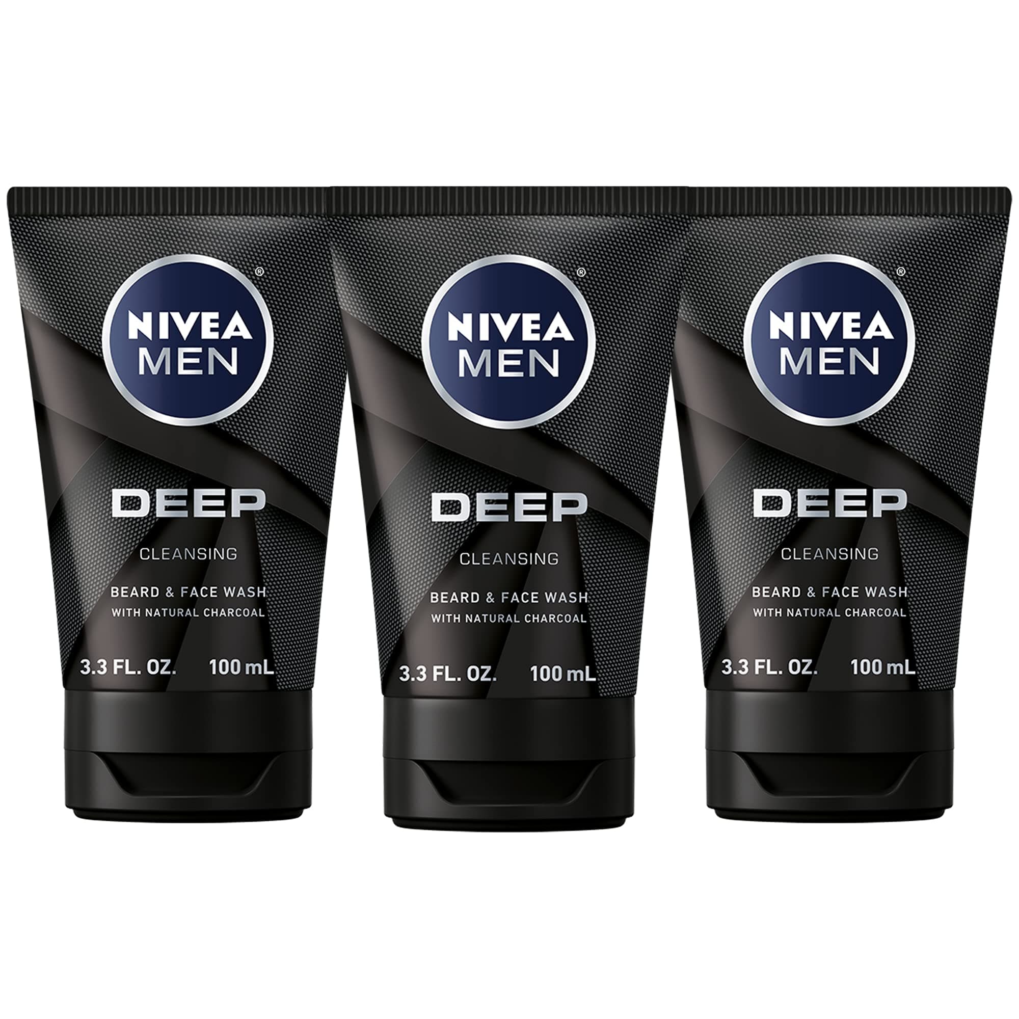DEEP Cleansing Beard and Face Wash, Enriched with Natural Charcoal, 3 Pack of 3.3 Fl Oz Tubes