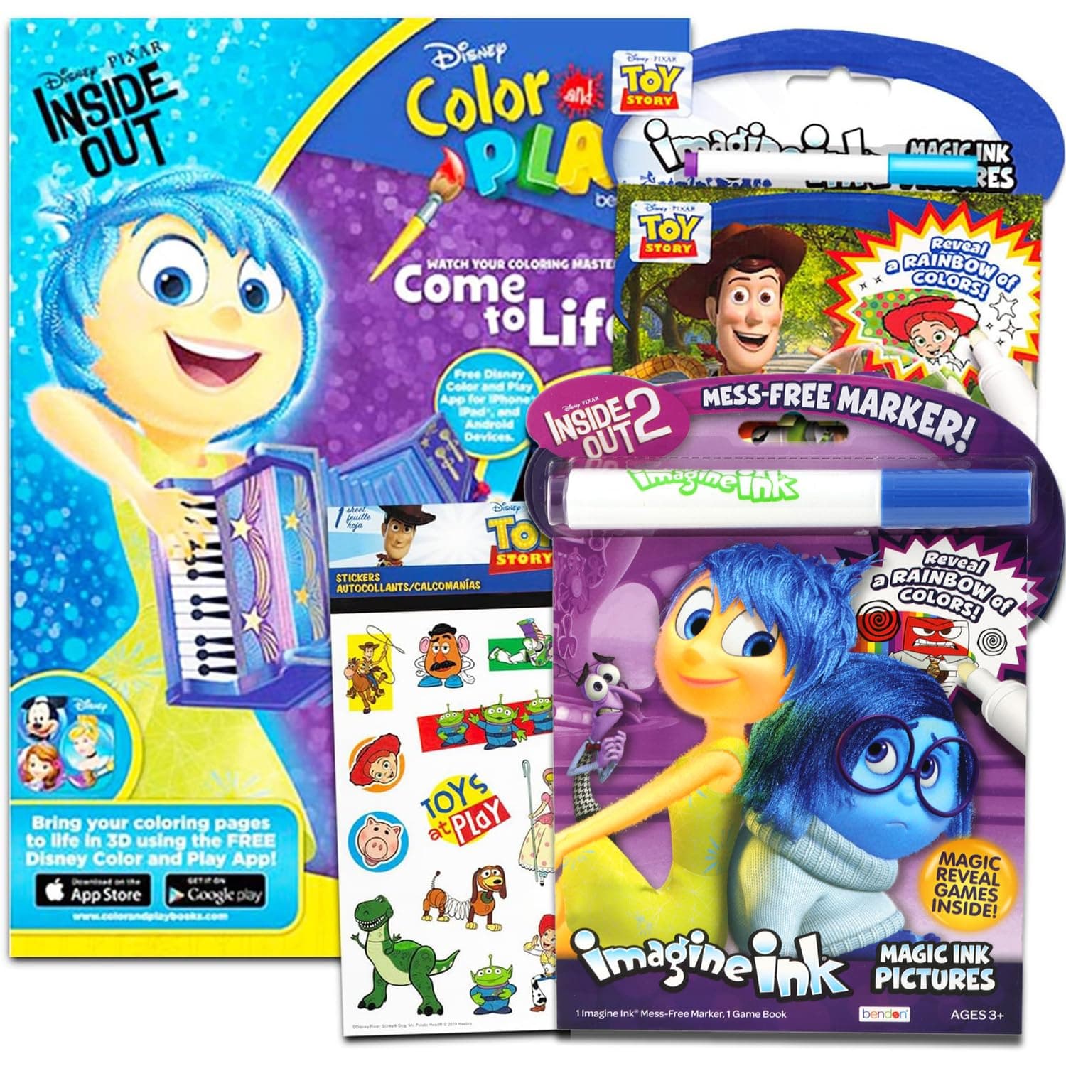 Disney Studio Invisible Ink Activity Book Set for kid toddler--3 Travel Activity Books Bundle Featuring Toy Story,Inside Out,Monsters Inc with Invisible Ink Pens and Over 100 Bonus sticker,5 pc Set