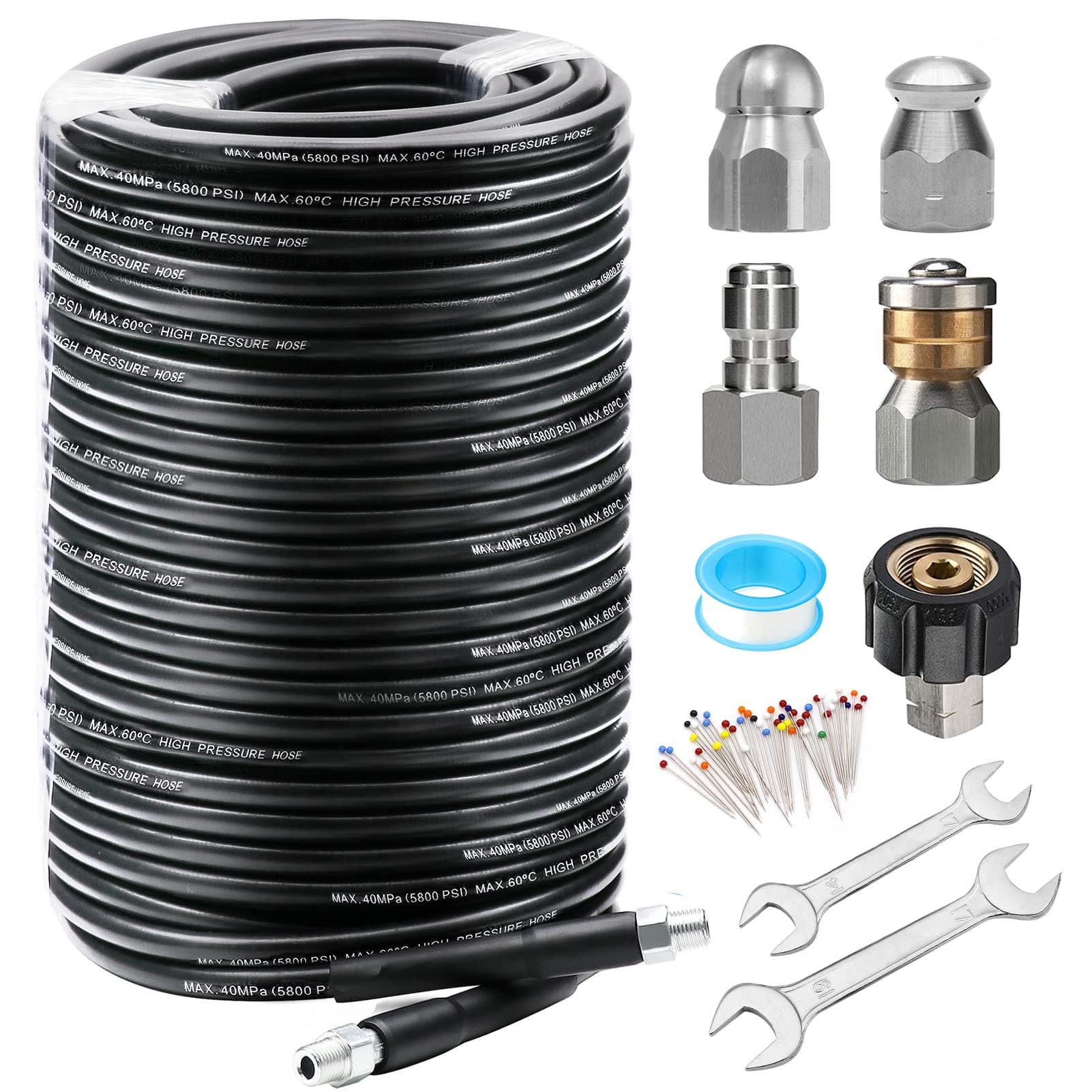 200FT Sewer Jetter Kit for Pressure Washer, 5800PSI Drain Cleaner Hose 1/4 Inch NPT, Corner, Rotating and Button Nose Sewer Jetting Nozzle Waterproof Tape Pearl Corsage Pin with 2Pcs Spanner