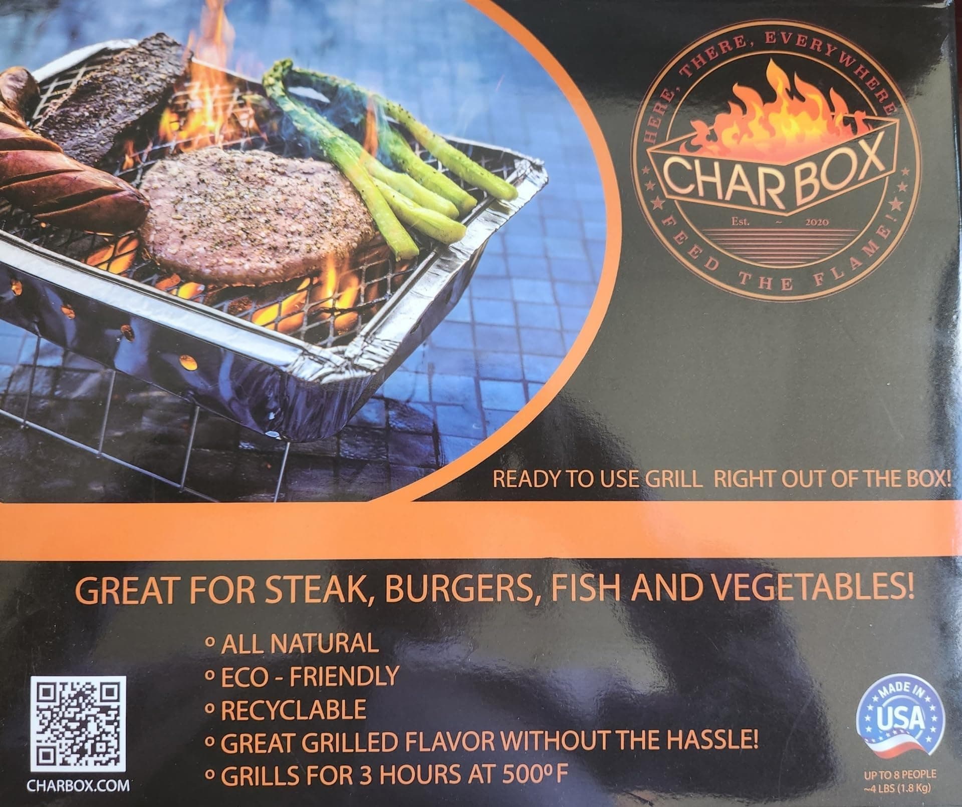 Charbox Portable/Disposable Small BBQ Charcoal Grill/Lasts 3 hours/High Temperature/Made in USA/Easy to Use/Eco Friendly/Recyclable Barbecue Grill - Great for Camping, Tailgate & Backyard Parties!