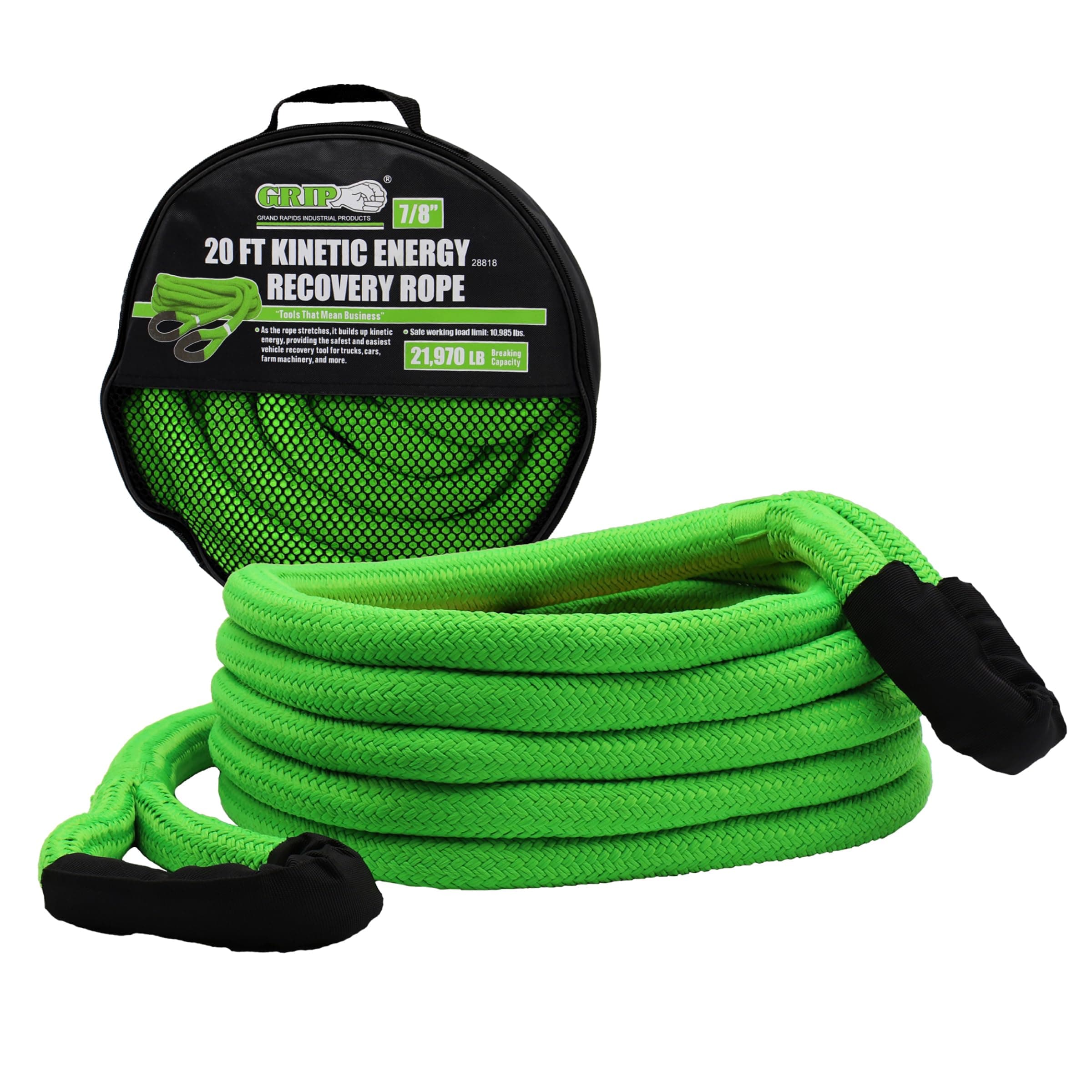 Grip 20 ft x 7/8 in Kinetic Energy Recovery Rope - Breaking Capacity: 21,970 lbs - Truck, ATV, Jeep, UTV, Tractor - Emergency, Towing, Offroad Recovery in Sand, Snow, Mud - Mesh Storage Bag