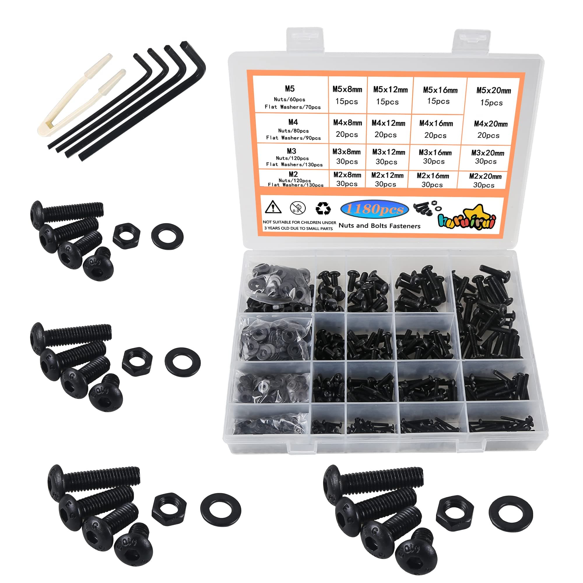 M2 M3 M4 M5 Nuts and Bolts Washers Assorted Set,1180pcs Black Hex Socket Head Cap Screws Bolts and Nuts Kit, Thread Machine Hex Bolt Set Fastener Repair Tools Assortment Kit