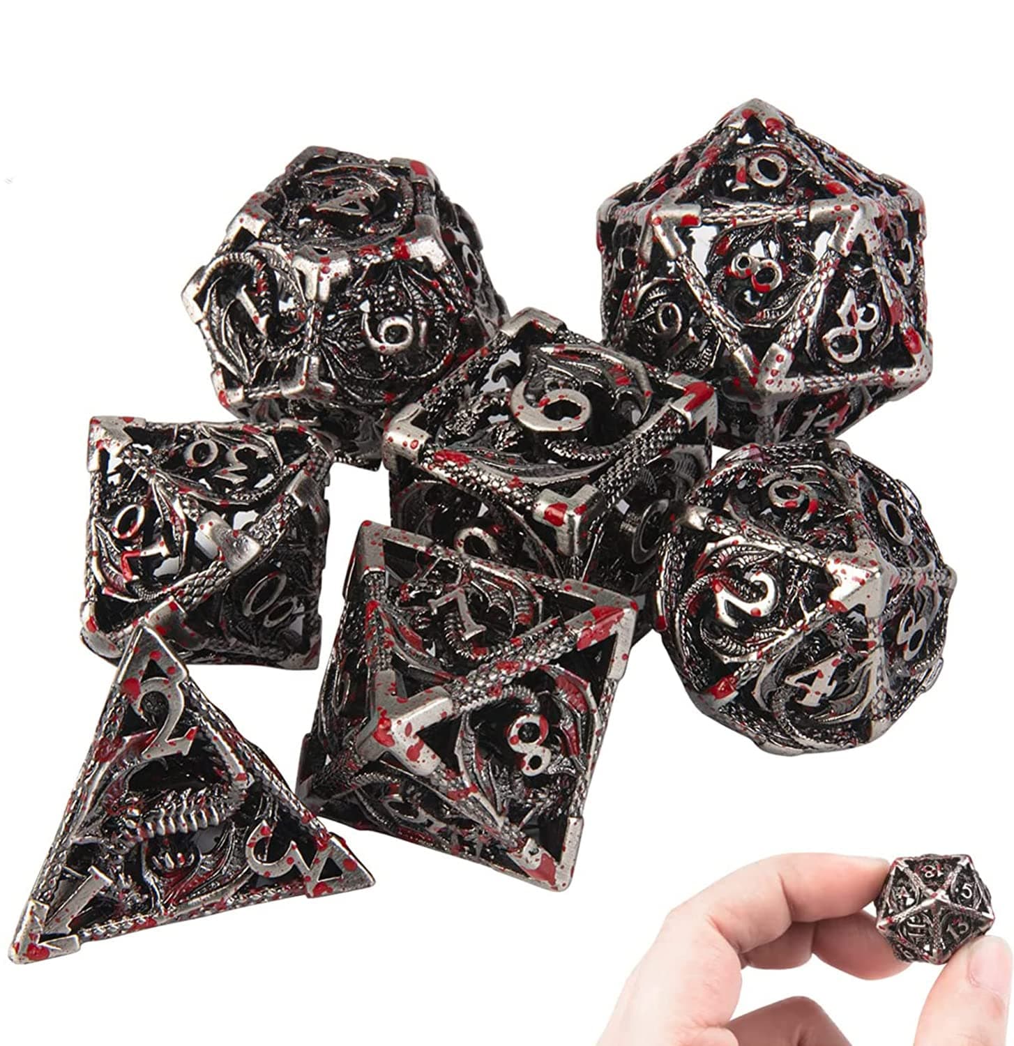 DND Dice,Hollow D&D Metal Dice,Dungeons and Dragons Dice Set with Gift Box,7 PCs Steampunk Polyhedral Dice Games Set for RPG,MTG,Pathfinder,Blood Spattered D and D Dice Set D20 D12 D10 D8 D6 D4 D%