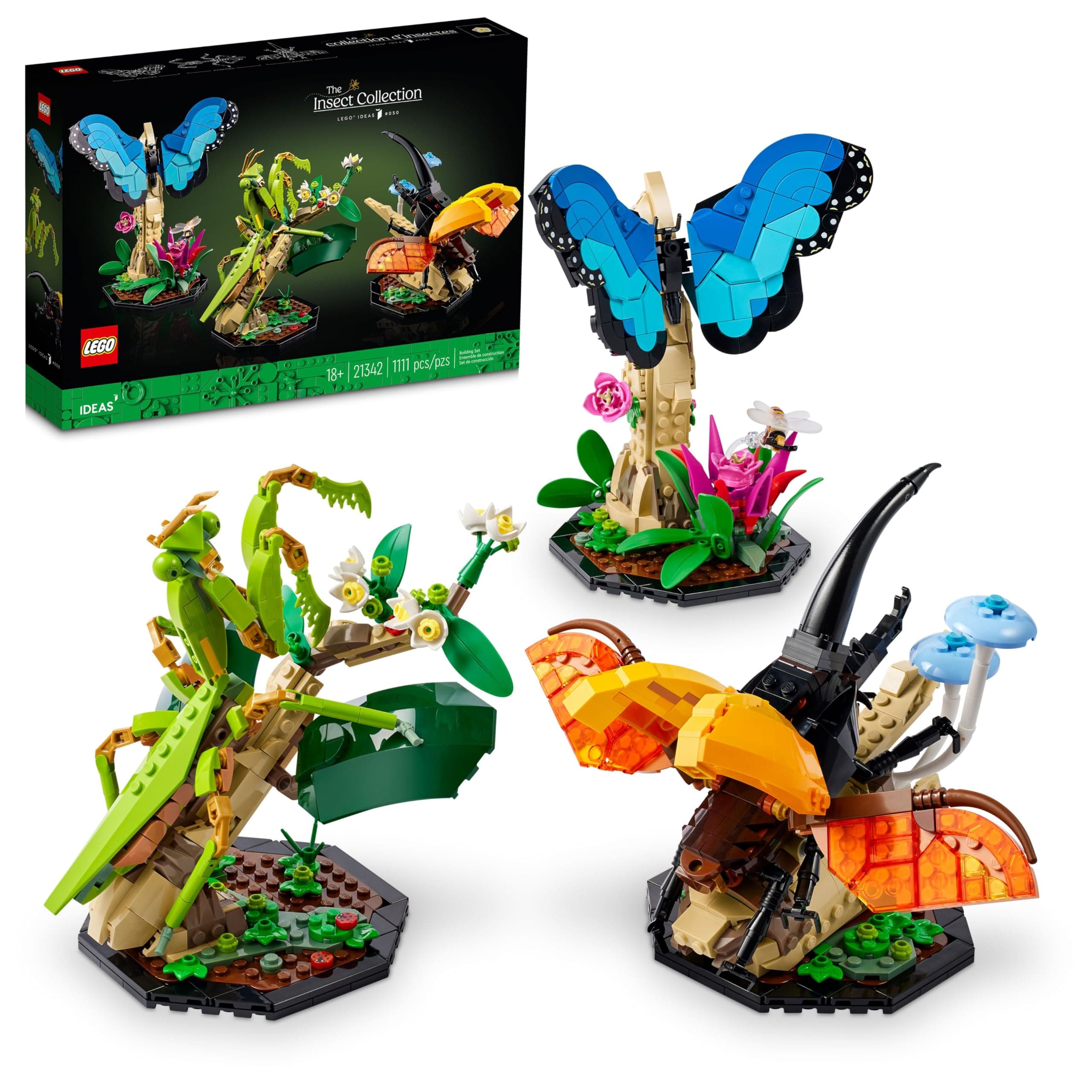 Ideas The Insect Collection, Fun Gift for Nature Lovers, with Life-Size Blue Morpho Butterfly, Hercules Beetle and Chinese Mantis Display Models, Bug Building Set and Nature Décor, 21342,18+