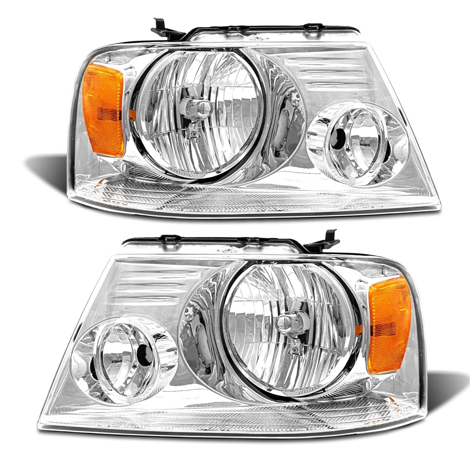 Headlight Assembly for 2004-2008 Ford F150 Pickup 2006-2008 Lincoln Mark LT Clear Lens Chrome Housing Amber Reflector Replacement W/O Bulbs