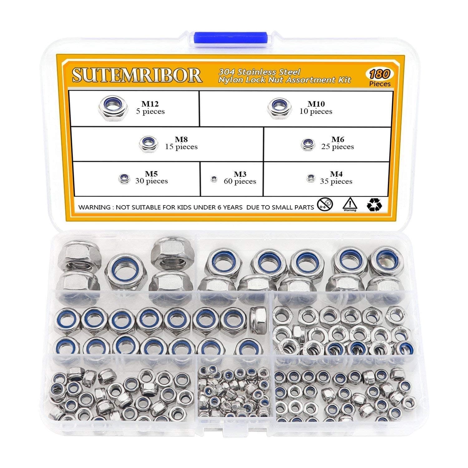 304 Stainless Steel Lock Nut Assortment 180 Pieces, M3 M4 M5 M6 M8 M10 M12 Nylon Insert Locknut