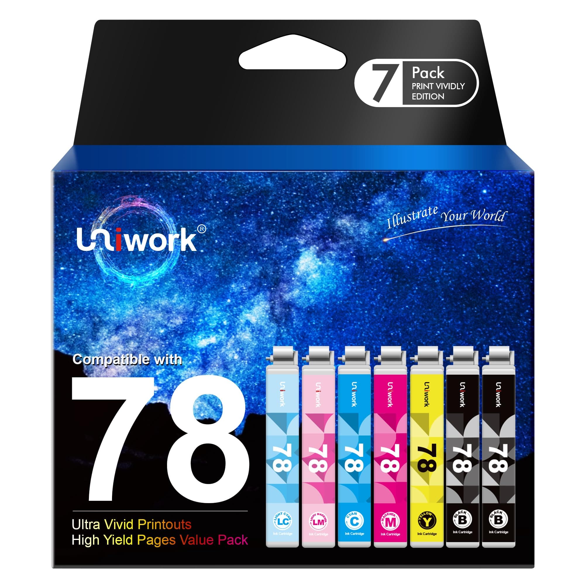 Uniwork 78 Ink Cartridge remanufactured for Epson 78 T078 use in Artisan 50 Stylus Photo R260 R280 R380 RX580 RX595 RX680 Printer Tray (7 Pack)