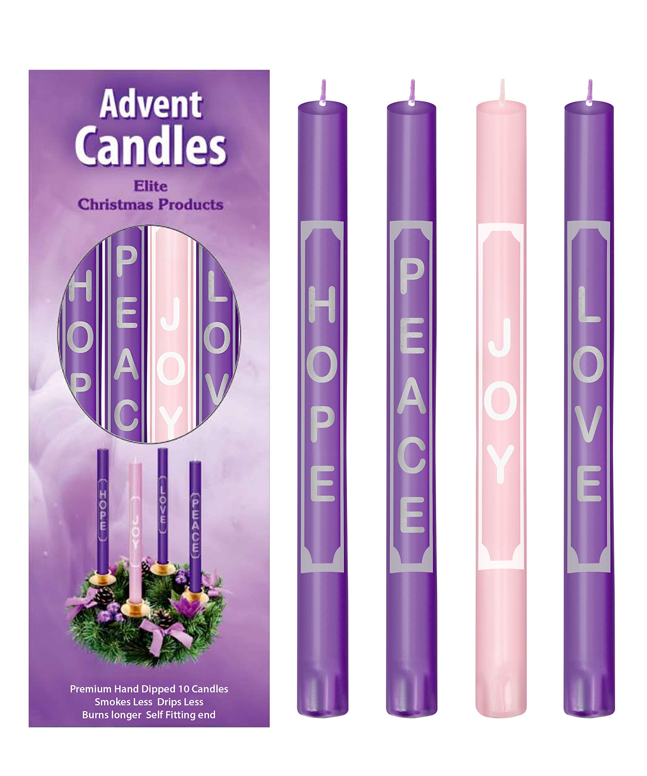 Premium Handmade Advent Candles with Love, Peace, Hope, Joy - Set of 4 for Advent Rings and Wreaths - Self Fitting End