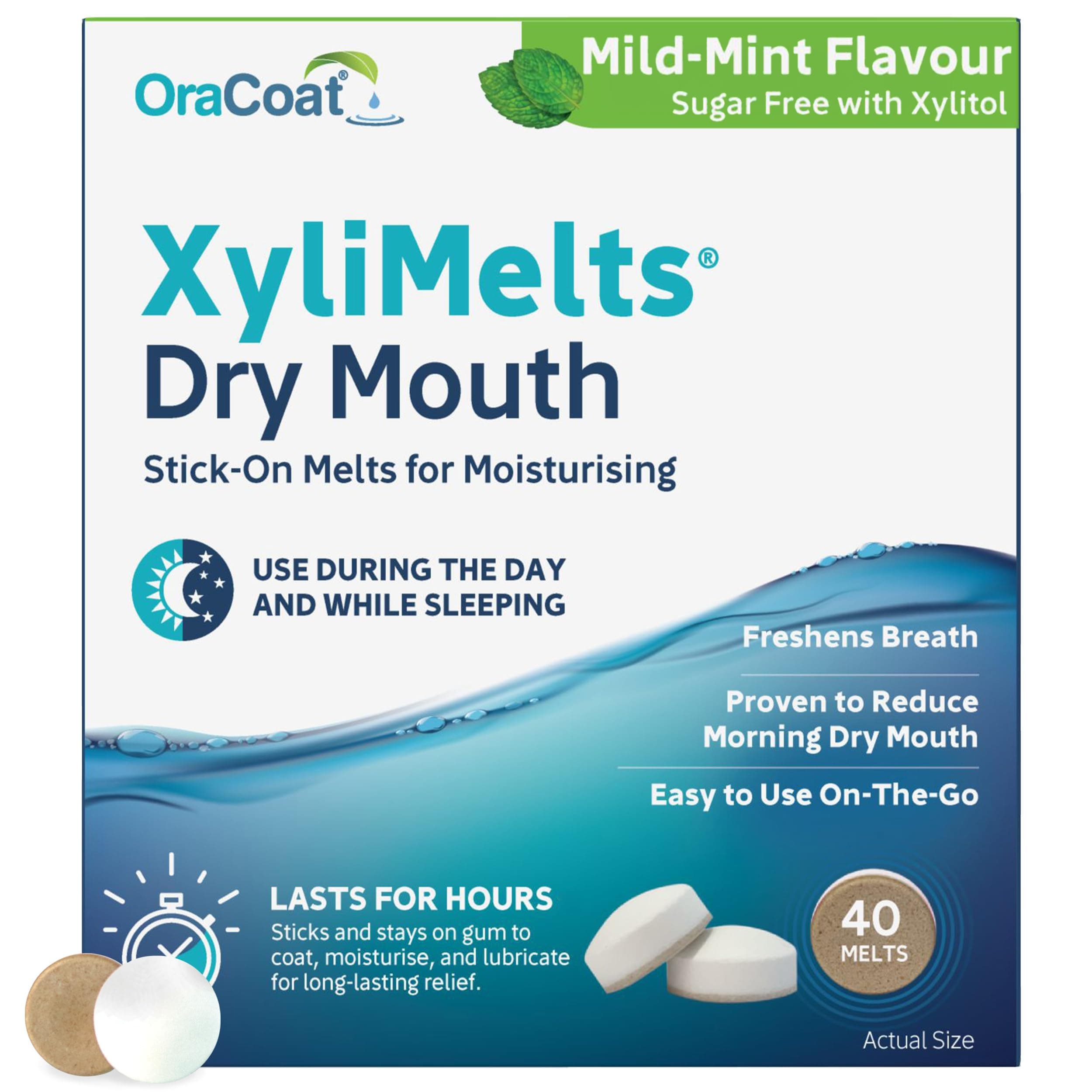 XyliMelts Dry Mouth Relief Discs Mild Mint (40 Count) – Xylitol Oral Adhering Tablets for Nighttime or Day Use, Long-Lasting Dry Mouth Relief & Saliva Support