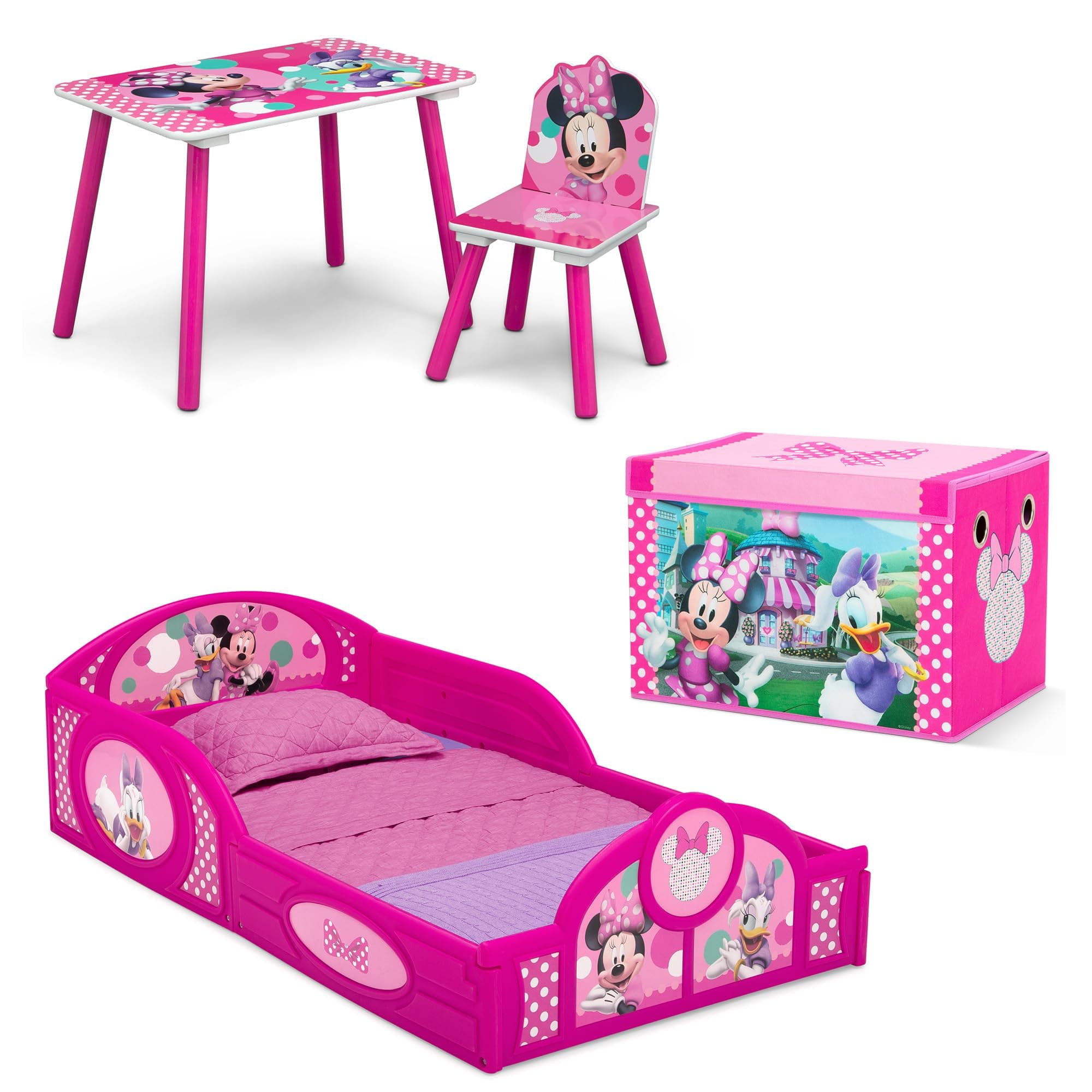 Disney Minnie Mouse 4-Piece Toddler Room-in-a-Box Set – Includes Sleep and Play Toddler Bed, Table, 1 Chair and Toy Box, Pink