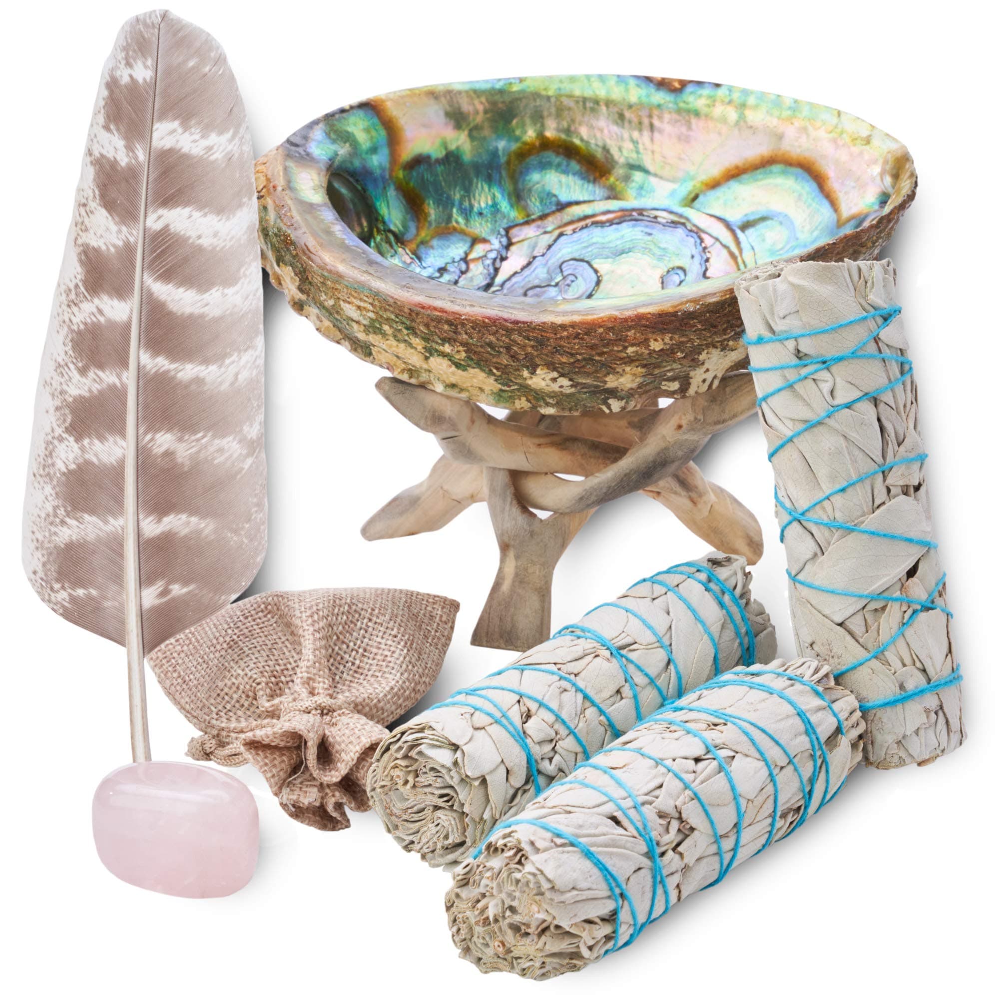 Sage Smudge Kit - White Sage Smudge Sticks Incense Sticks, Rose Quartz, Abalone Shell 5"+, Stand, Smudging Feather & Cleansing Guide (3 Sage)