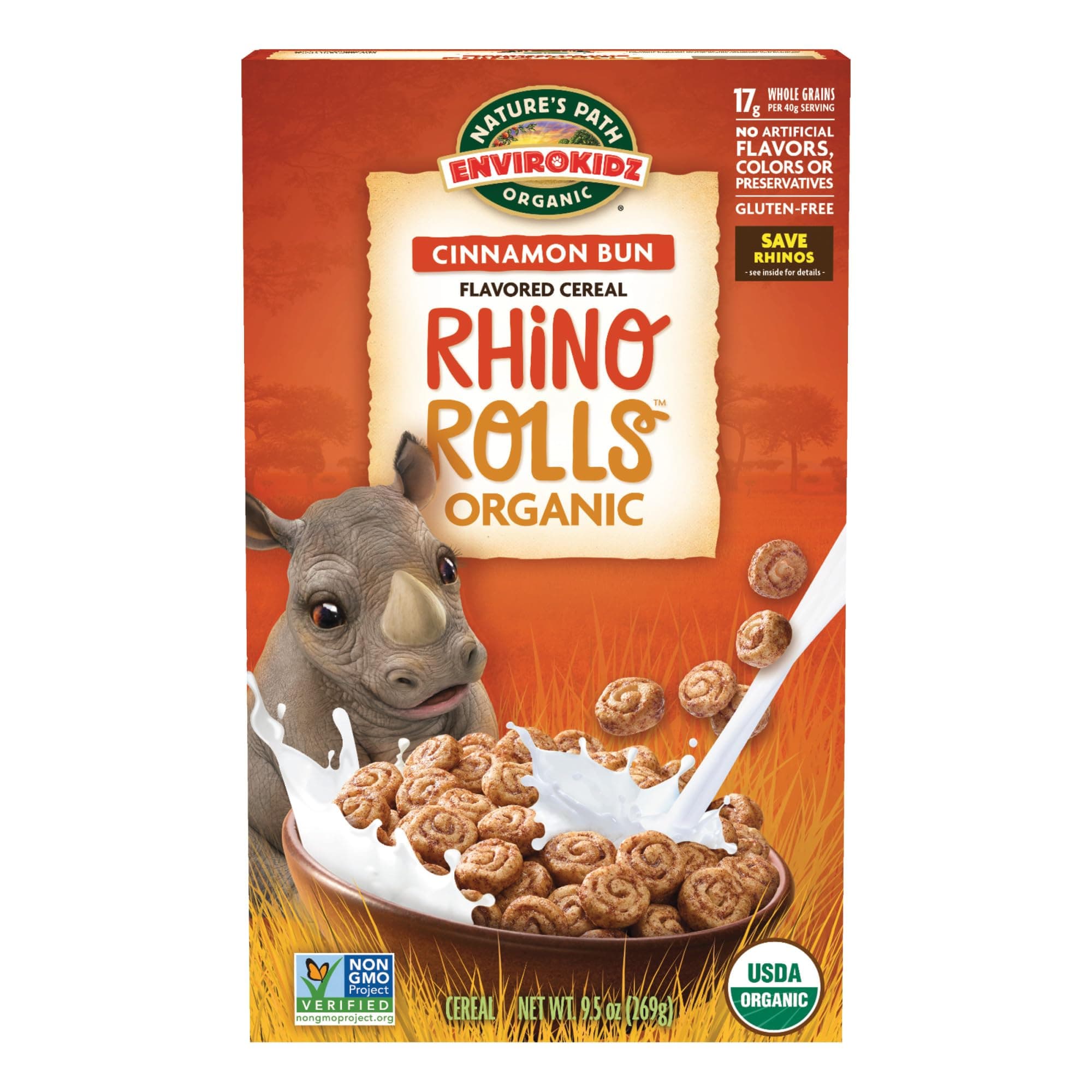 EnviroKidz Organic Rhino Rolls Cereal, 9.5 oz (Pack of 1), Cinnamon Bun, Gluten Free, Non-GMO, by Nature's Path