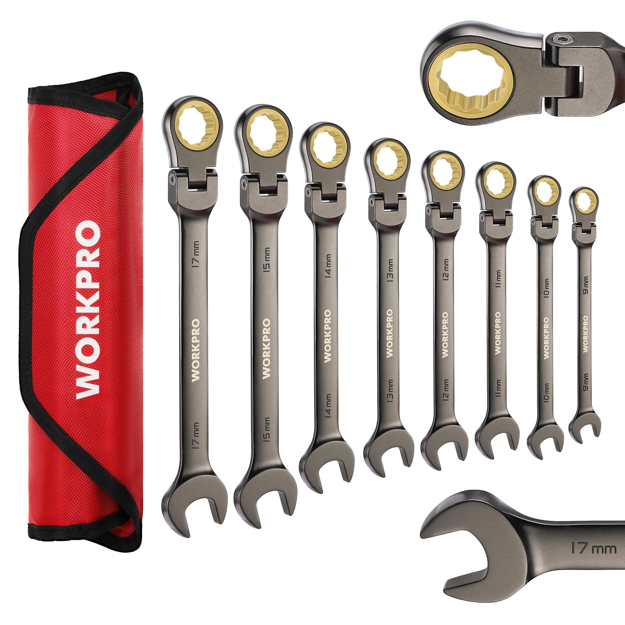 WORKPRO 8-piece Flex-Head Ratcheting Combination Wrench Set, Metric 9-17 mm, 72-Teeth, Cr-V Constructed, Nickel Plating with Organization Bag