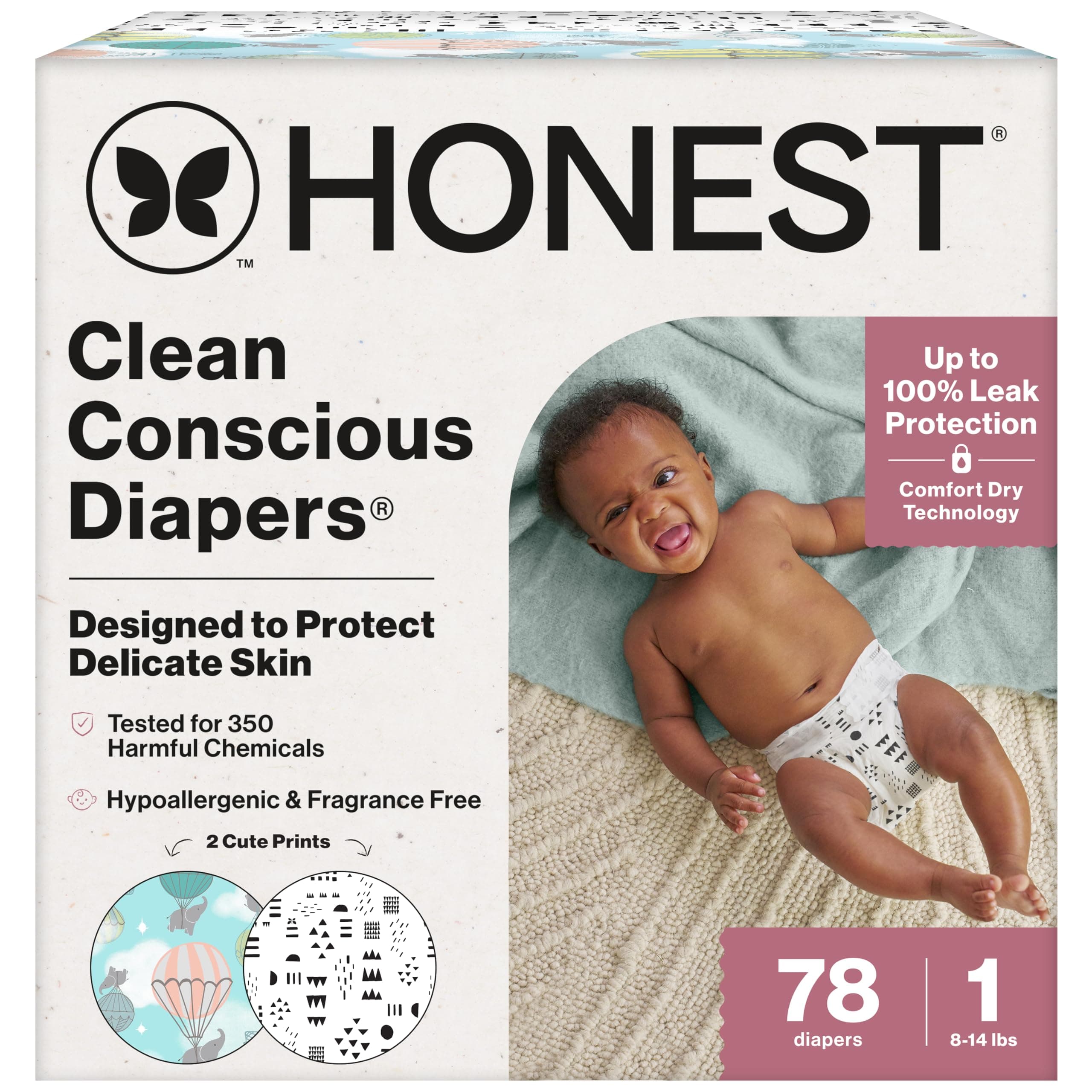 Comfort Dry Disposable Diapers for Sensitive Skin, Hypoallergenic, Fragrance-Free, Above It All + Pattern Play, Club Box Size 1 (8-14 lbs), 78 Count