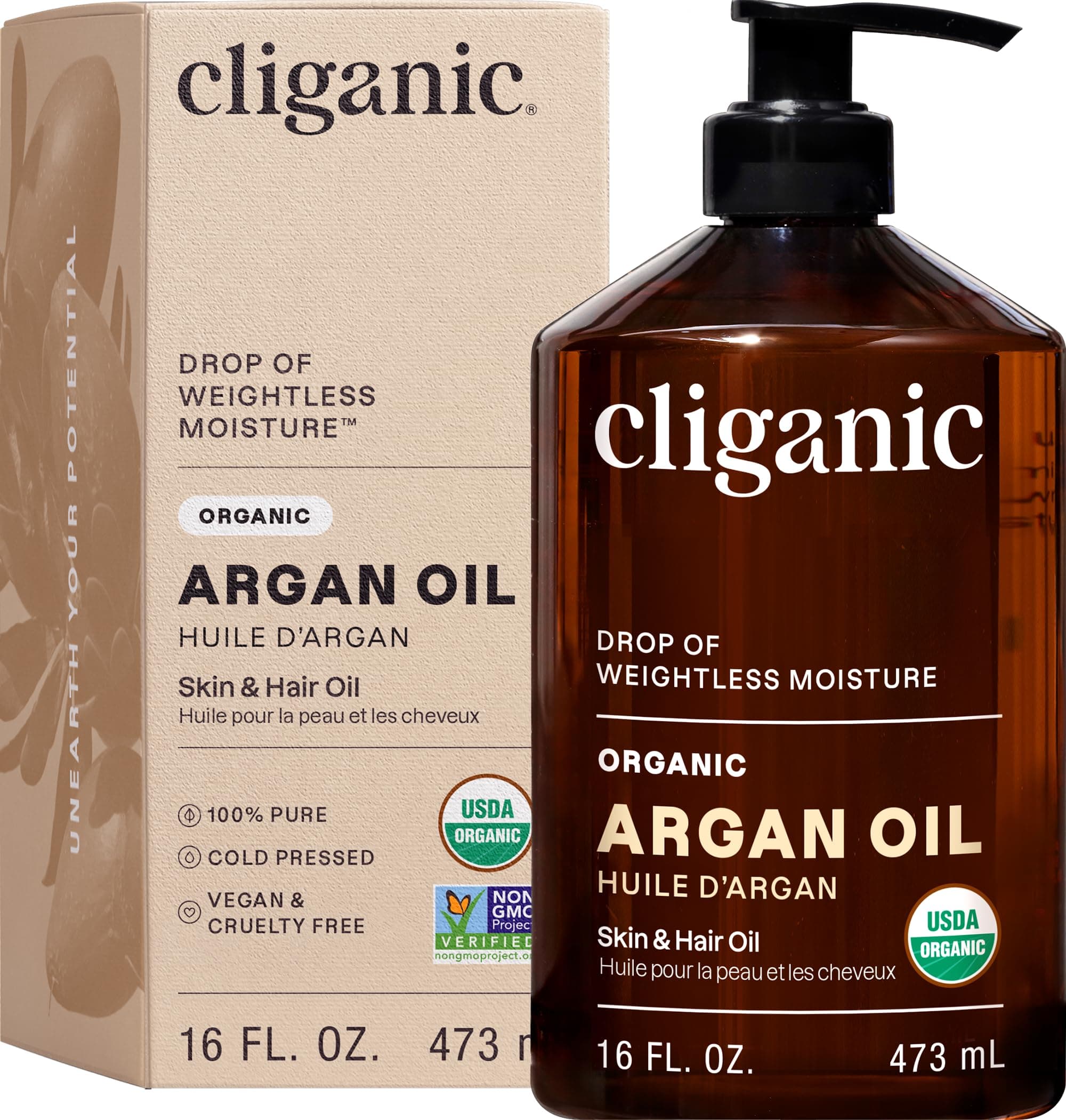 Cliganic Organic Argan Oil, 100% Pure (473ml) | Moroccan Argan Oil for Hair, Face & Skin | Natural Cold Pressed Carrier Oil - Certified Organic | Cliganic 90 Days Warranty