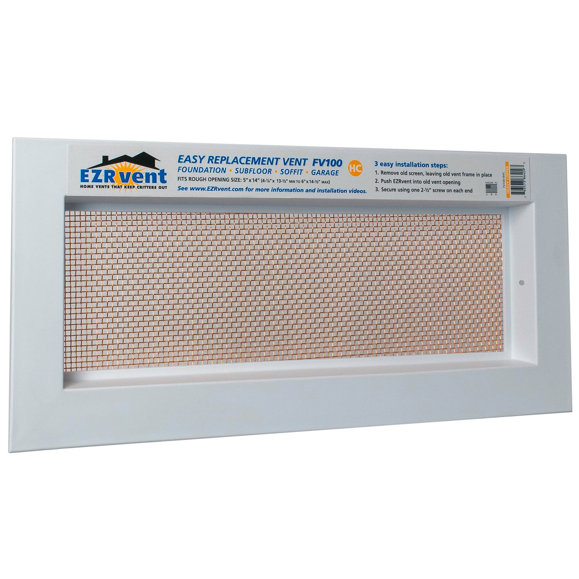 EZRvent FV100-8HC Easy Replacement Vent, Foundation and Garage 5x14 Rough Opening, Copper Mesh