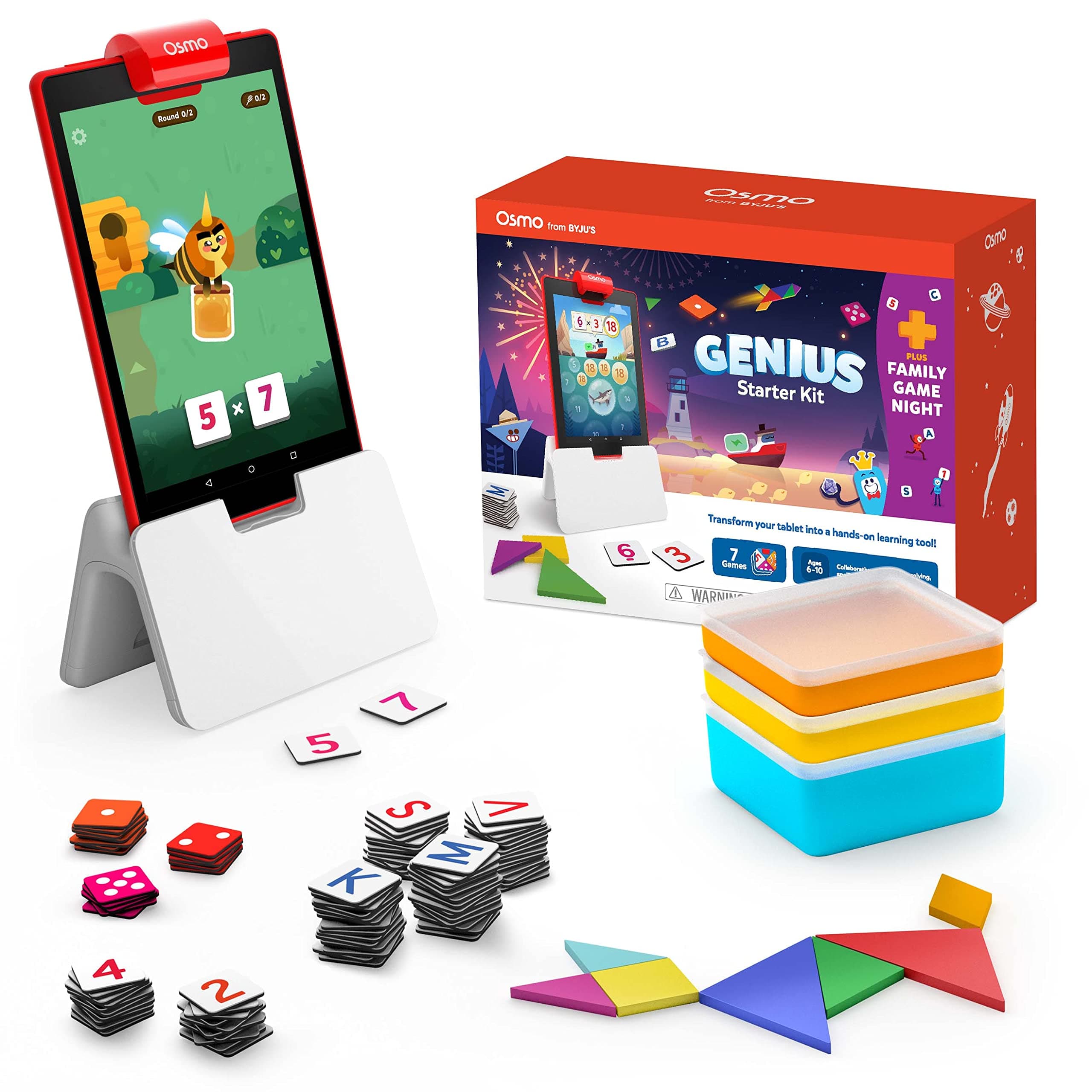 Osmo - Genius Starter Kit for Fire Tablet - Ages 6-10 - Math, Spelling, Creativity & More - STEM Toy (Osmo iPad Base Included), 7 Educational Learning Games (Amazon Exclusive)