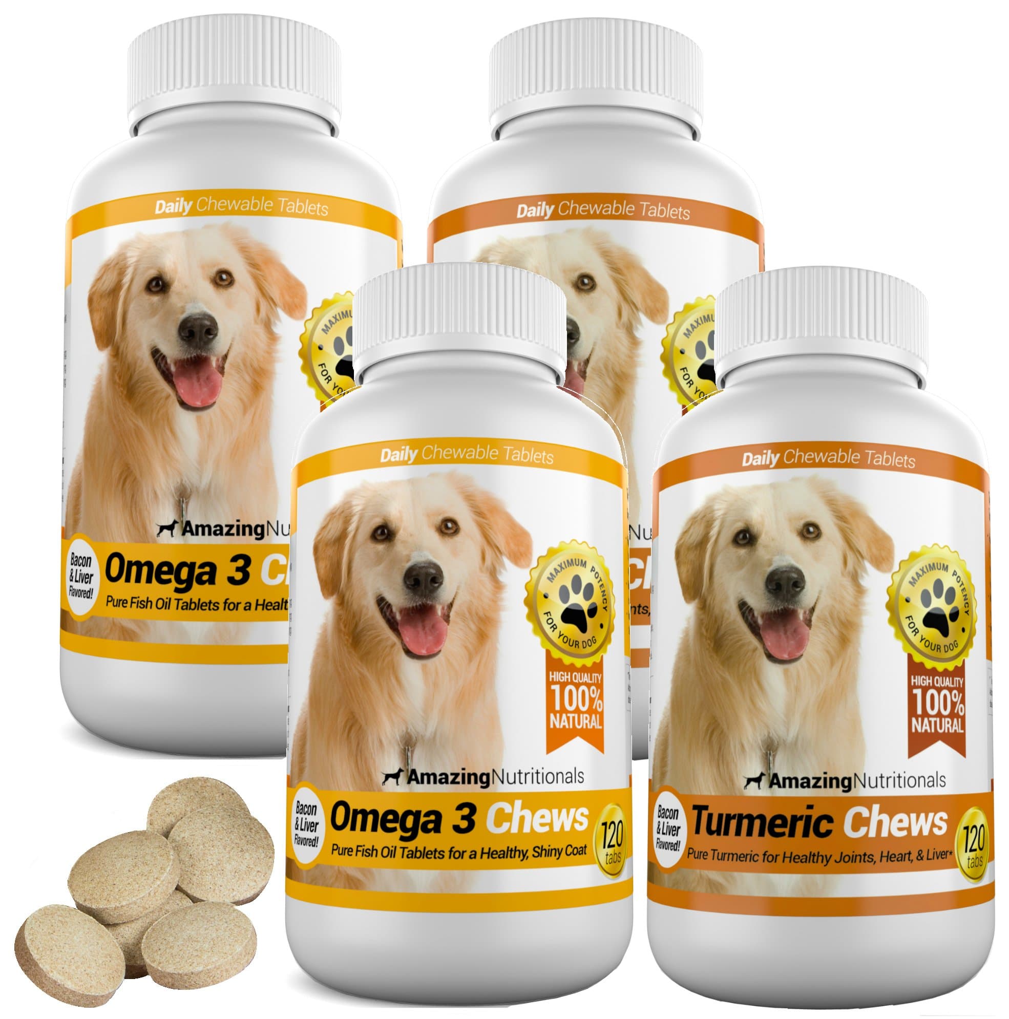 Amazing Combo Omega-3 Fish Oil and Turmeric Curcumin for Dogs - Pure All-Natural Pet Antioxidant - Promotes Shiny Coat, Brain Health, Eliminates Diarrhea Gas and Joint Pain, 120 Tasty Chews x 2