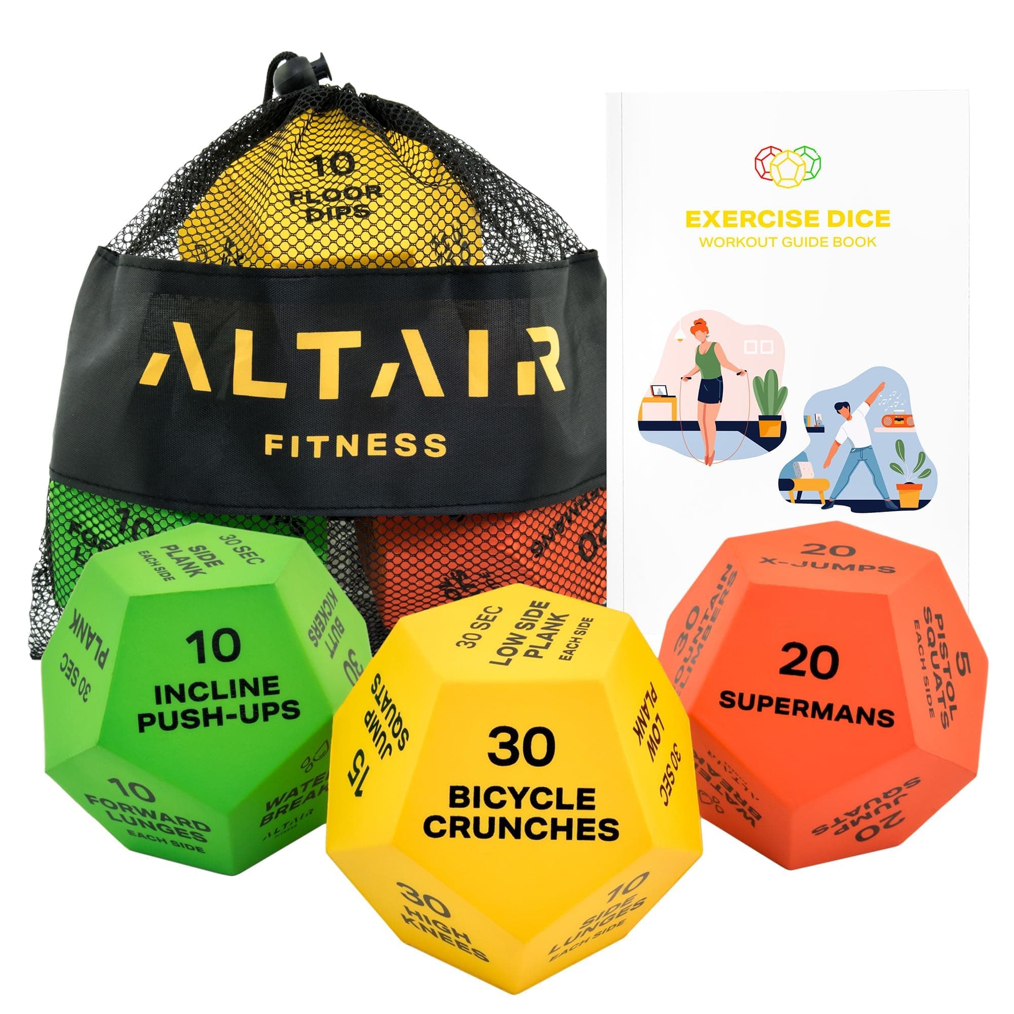 Dice - 3 12-Sided HIIT Workout Dice with 3 Levels of Difficulty for Adults, Teens & Kids, Motivational Accessories with Mesh Bag & Guide Book