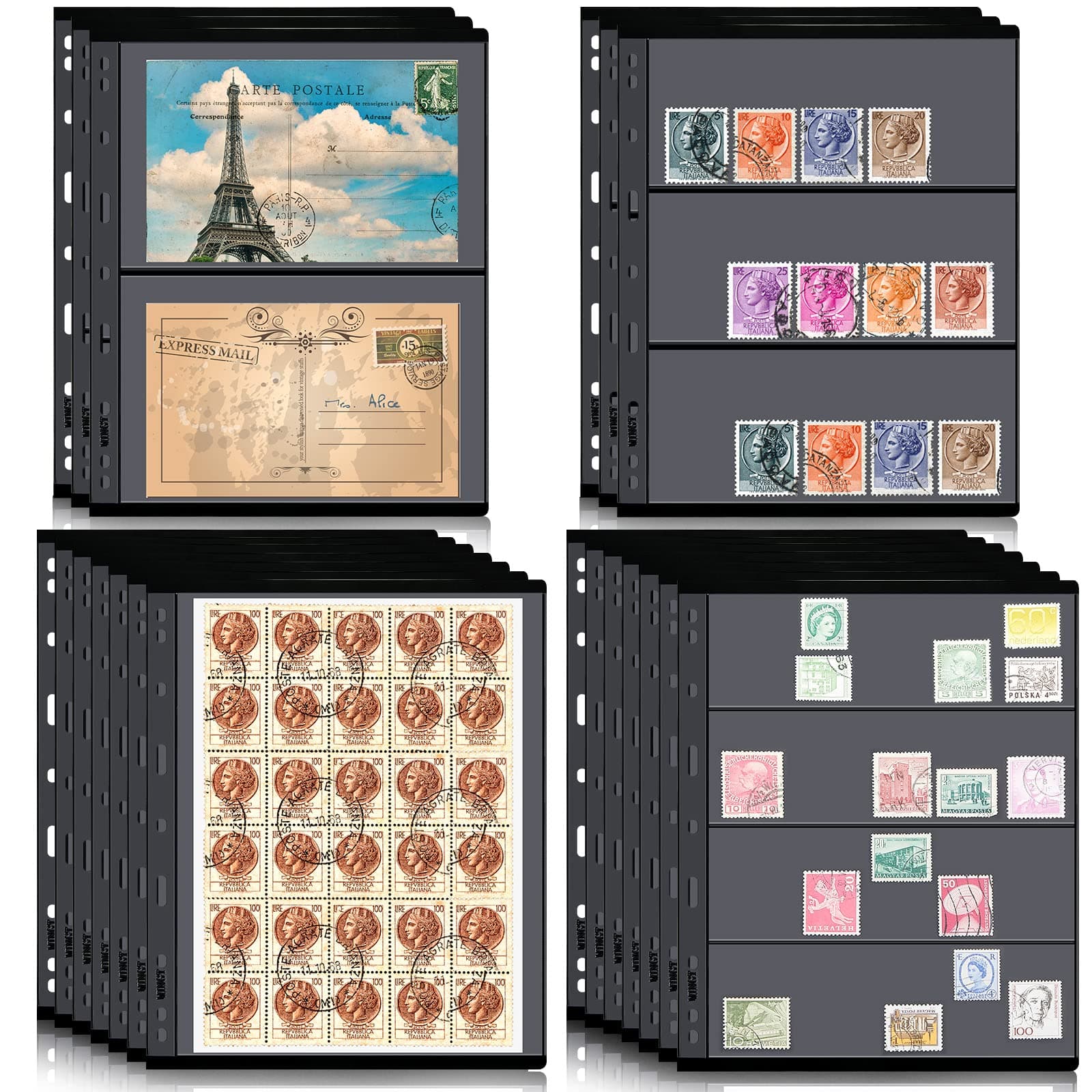 Stamp Pages for Stamp Album Binder 1/2/3/4 Pockets Collectors Postage Collecting Supplies Book of Stamps 9 Hole Standard Collecting Albums for Collectors Display(20 Sheet)