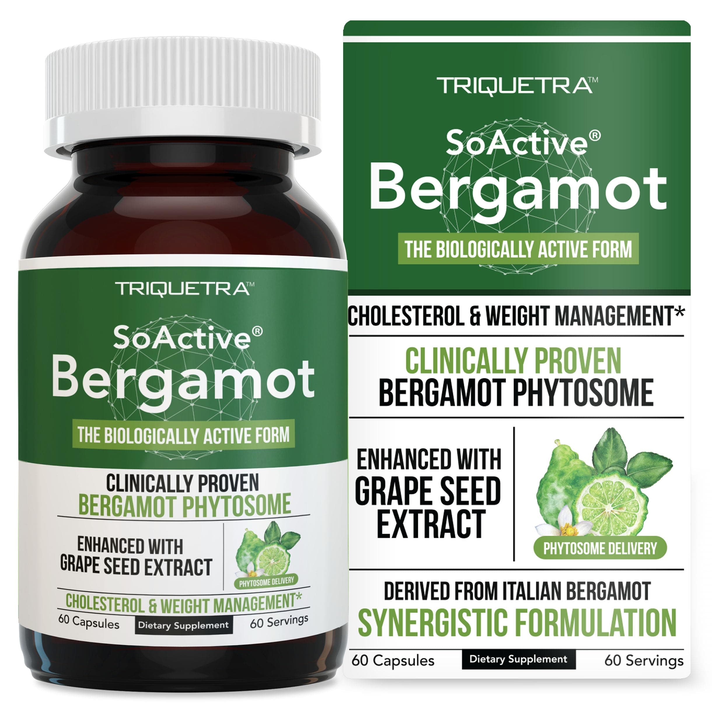 SoActive Bergamot: 2.5X More Effective, Italian Citrus Bergamot Phytosome - Clinically Validated | Enhanced with Grape Seed Extract - Supports Cholesterol & Weight Management (60 Capsules)