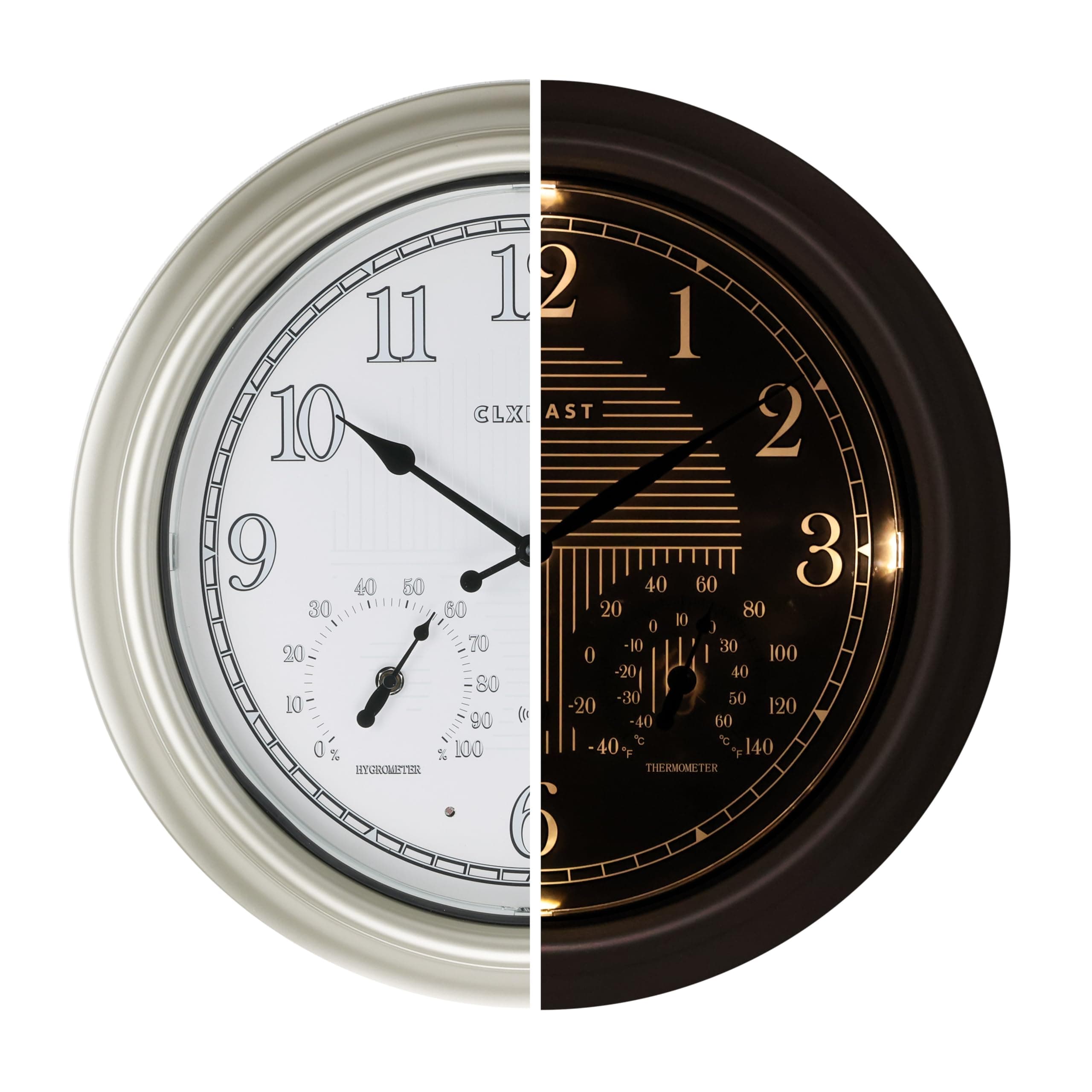 18 Inch Illuminated Outdoor Indoor Atomic Analog Wall Clock with Temperature & Humidity Combo, Lighted Outdoor Clocks for Patio Large Waterproof with Thermometer, Modern Morning Silver/Gold
