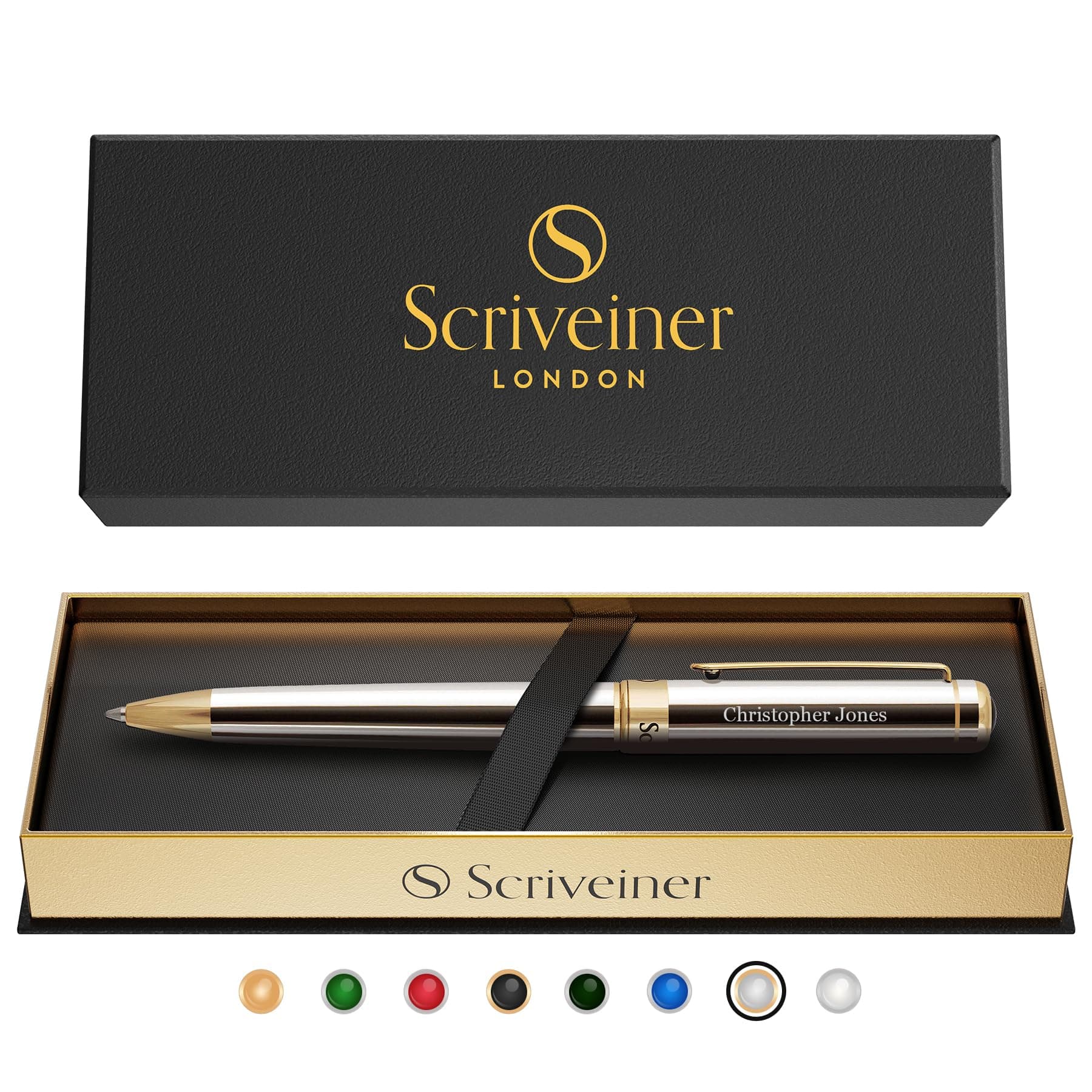 Personalized Silver Chrome Ballpoint Pen - Stunning Luxury Pen, Real Gold Plating, Schmidt Ink Refill, Best Engraved Ball Point Gift Set for Men & Women, Custom Name Engraving