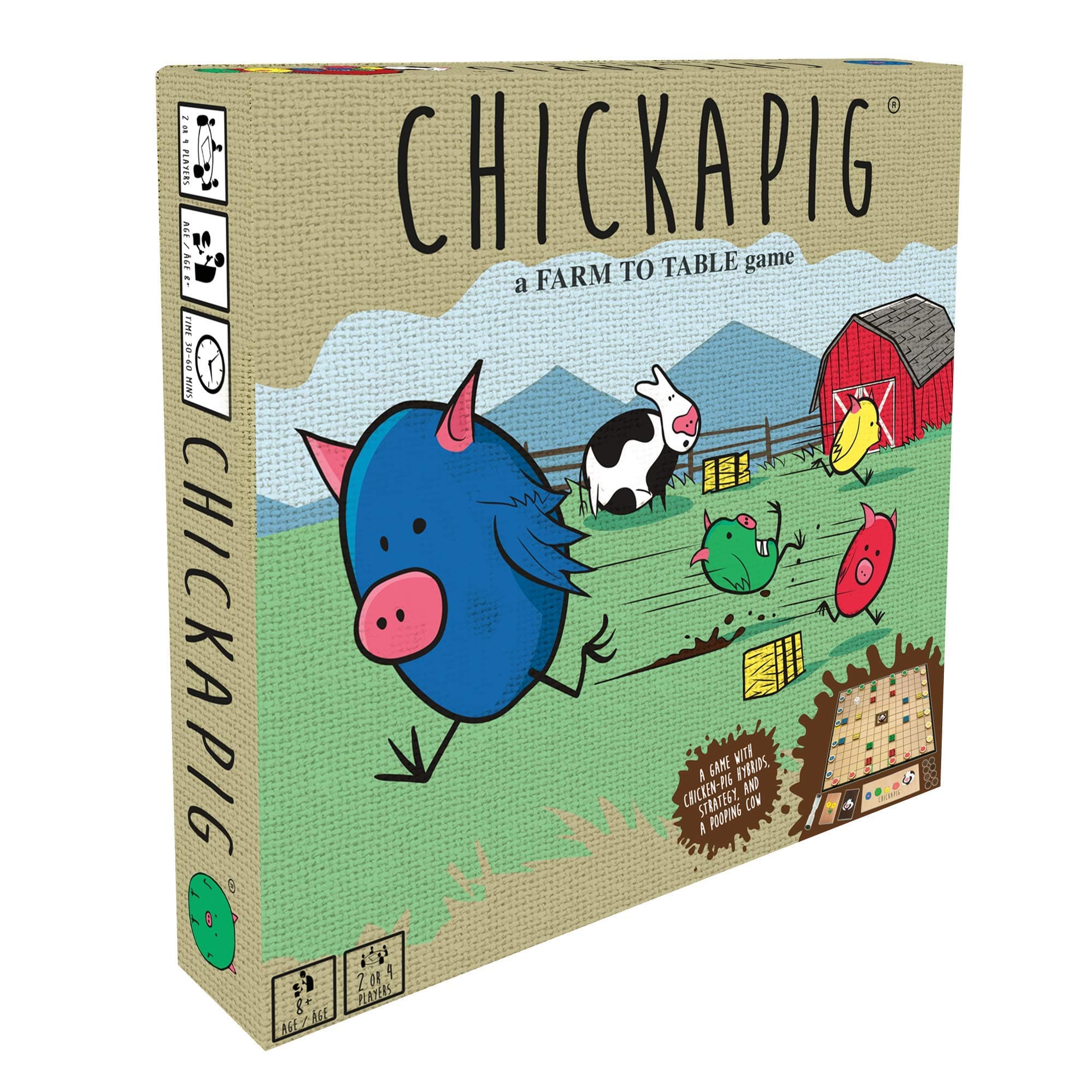 Chickapig Board Game - A Strategic Board Game Where Chicken-Pig Hybrids Attempt to Reach Their Goal While Dodging Opponents, Hay Bales, and an Ever-Menacing Pooping Cow.