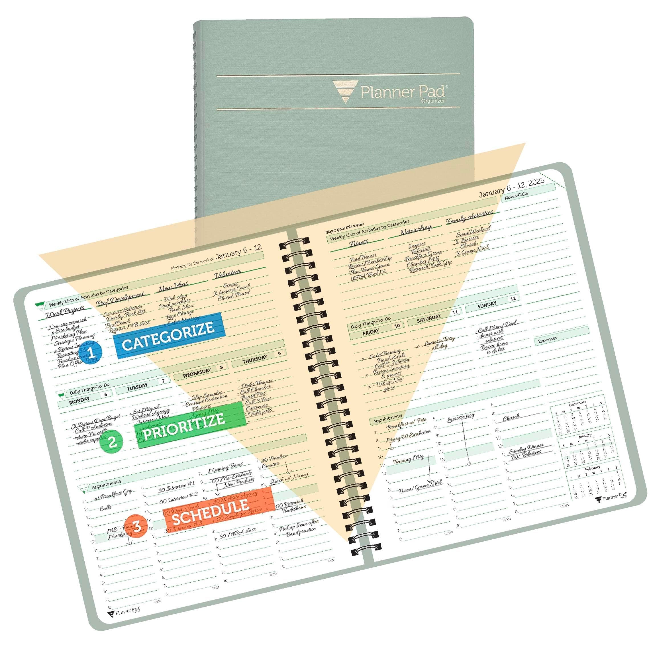 Planner Pad Spiral Bound January-December 2025/ Calendar Year 6 3/4" x 8 1/2" Medium 3-Tier Funnel Down 12 Month Organizer, Greenish Grey Cover/Soft Green Ink