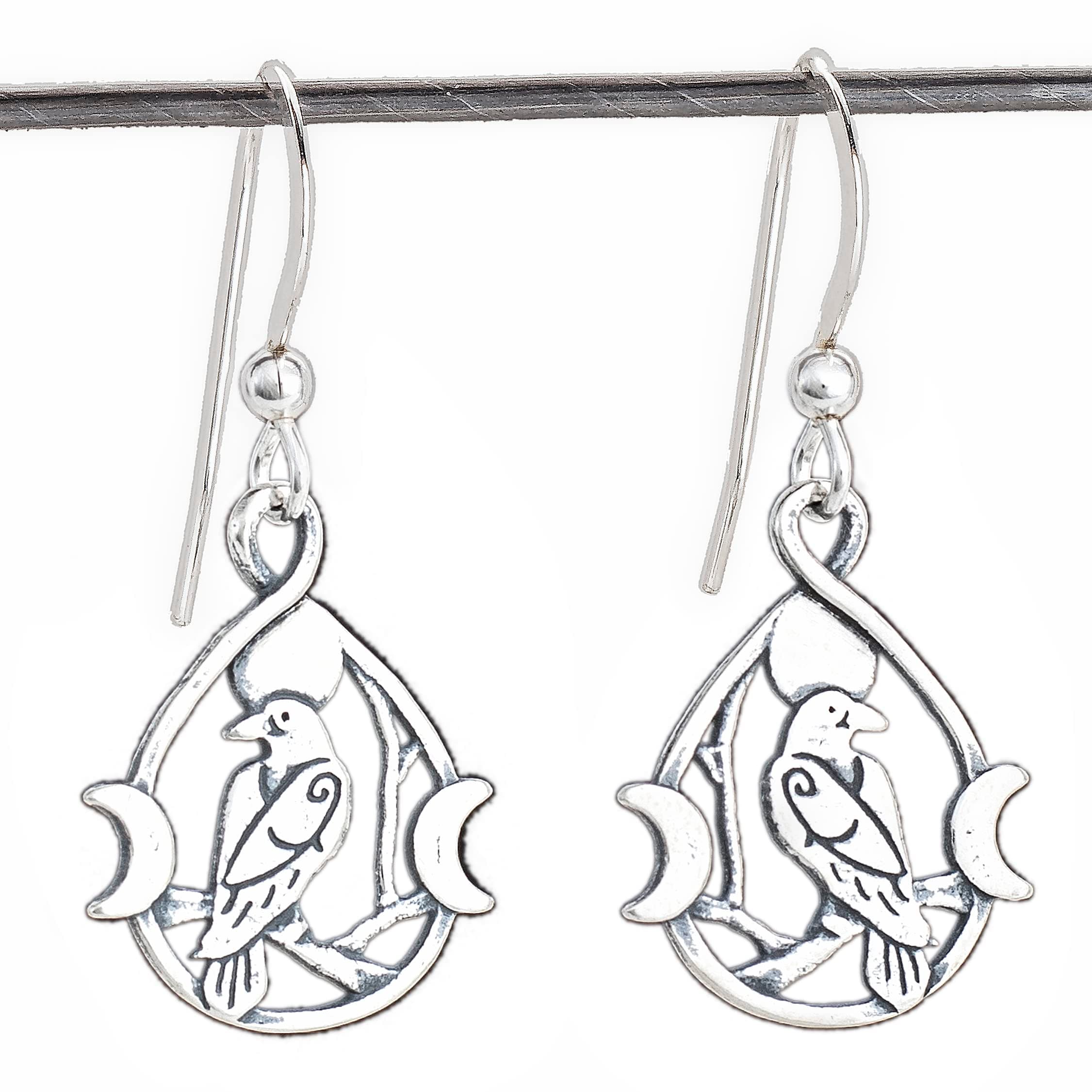 Sterling Silver Raven and Triple Moon Earrings - Small, Lightweight, Double-Sided - Handmade, Solid .925