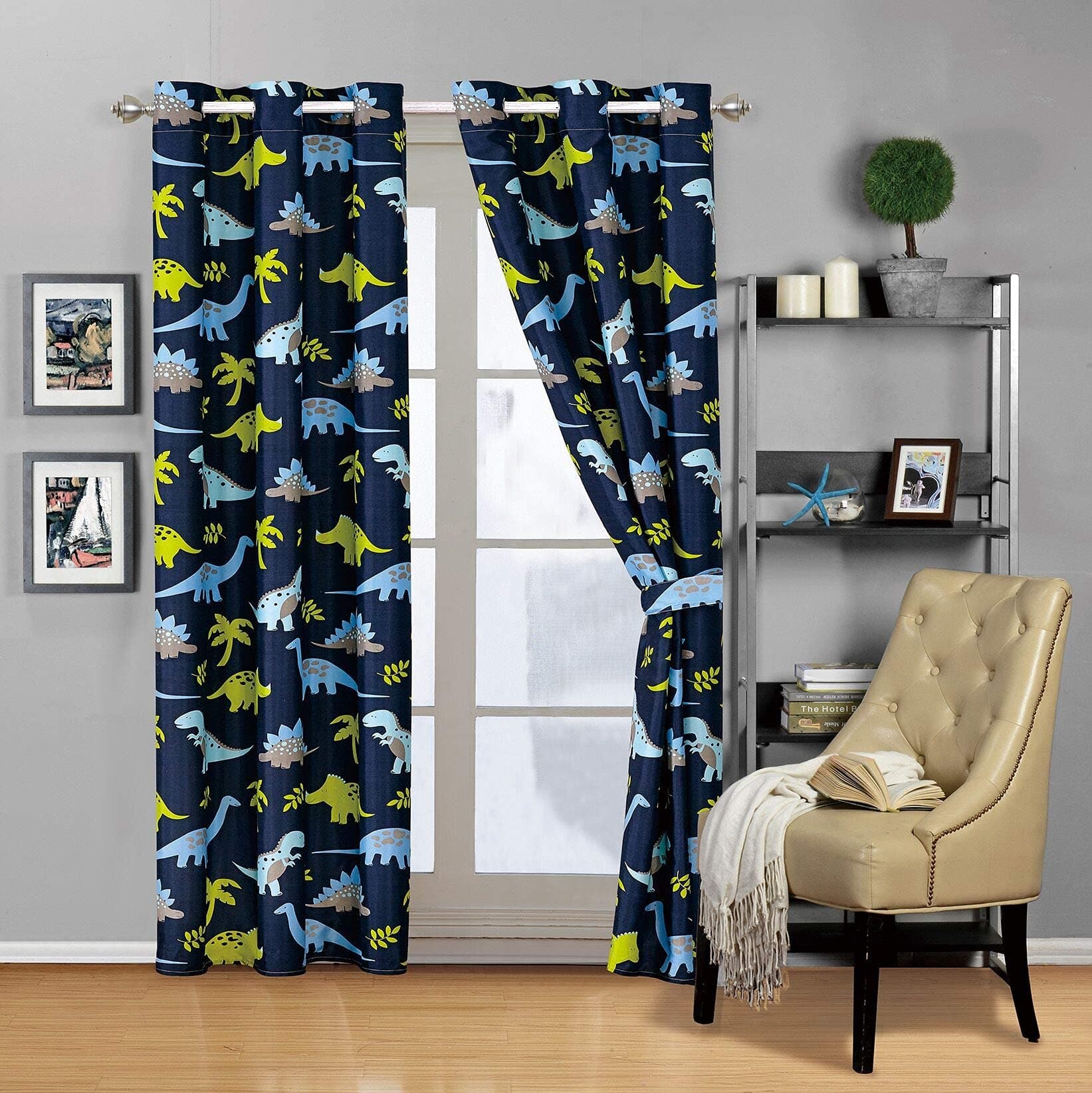 Elegant Homes Design Multicolors Kids Room Window Curtain Treatment Drapes 2 Piece Set with Grommets (Dinosaur Blue)
