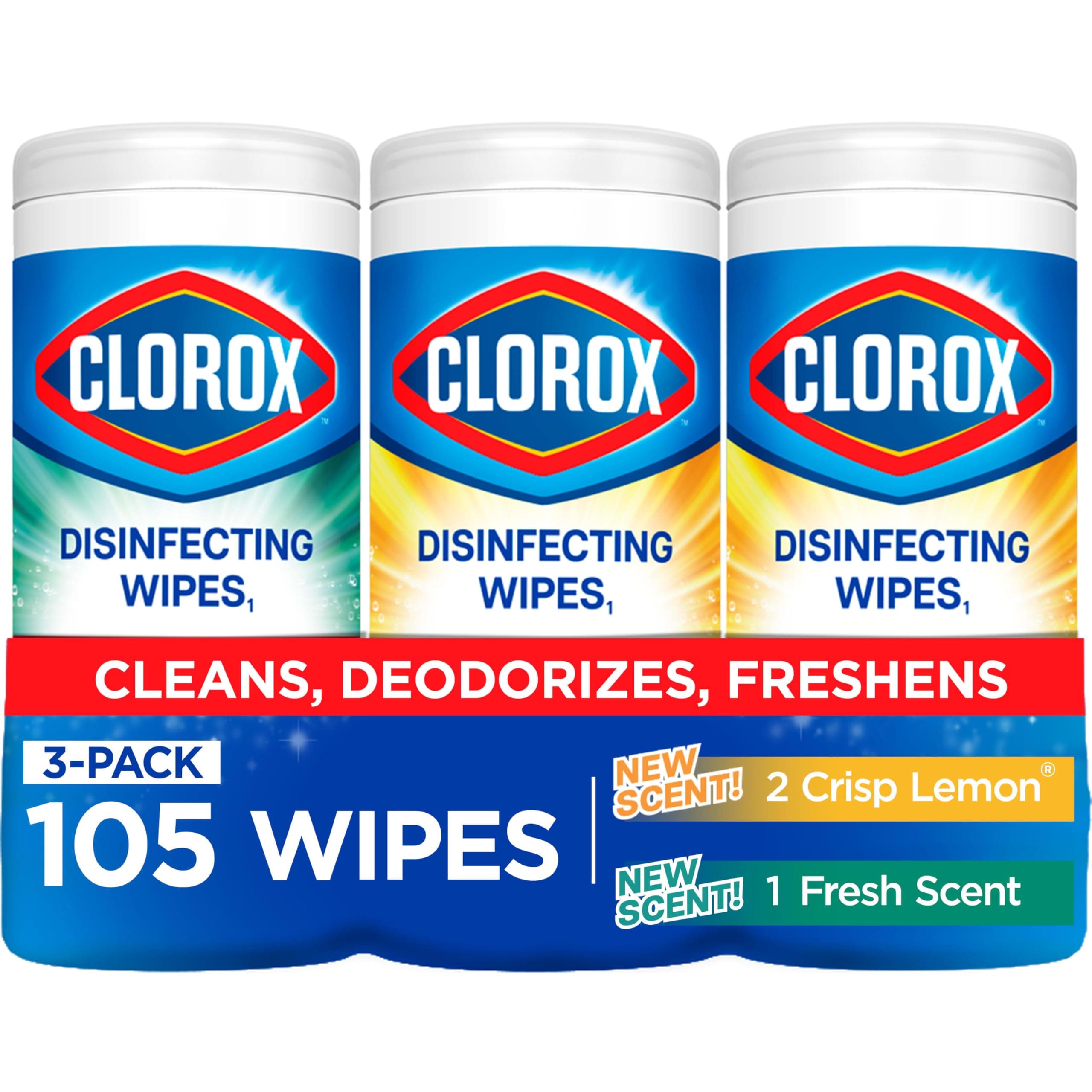 Clorox Disinfecting Wipes, Fresh Scent & Crisp Lemon Triple Pack x 35, Cleans 3x Better, Kills 99.9% of Viruses and Bacteria
