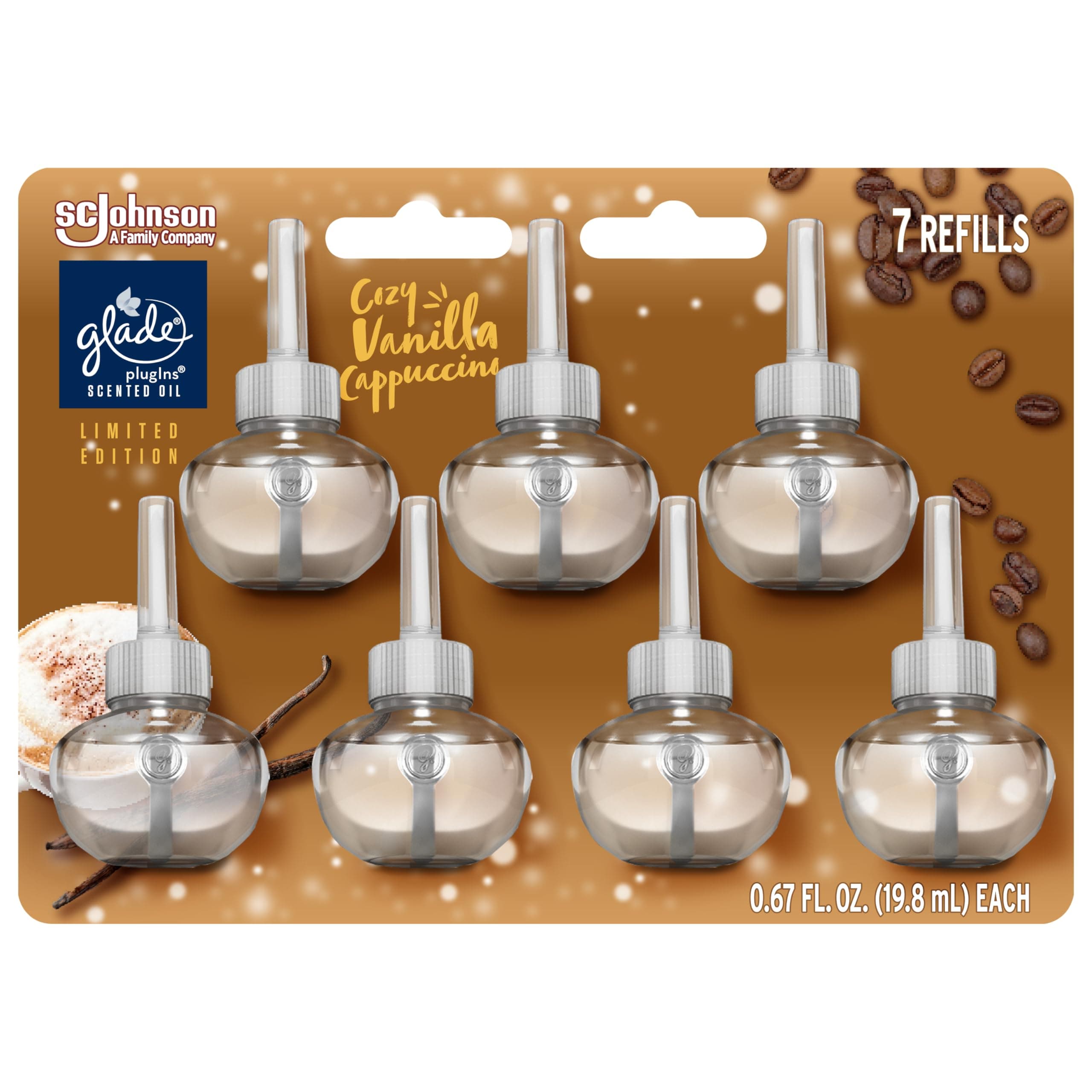 Glade PlugIns Refills Air Freshener, Scented and Essential Oils for Home and Bathroom, Cozy Vanilla Cappuccino, 4.69 Fl Oz, 7 Count
