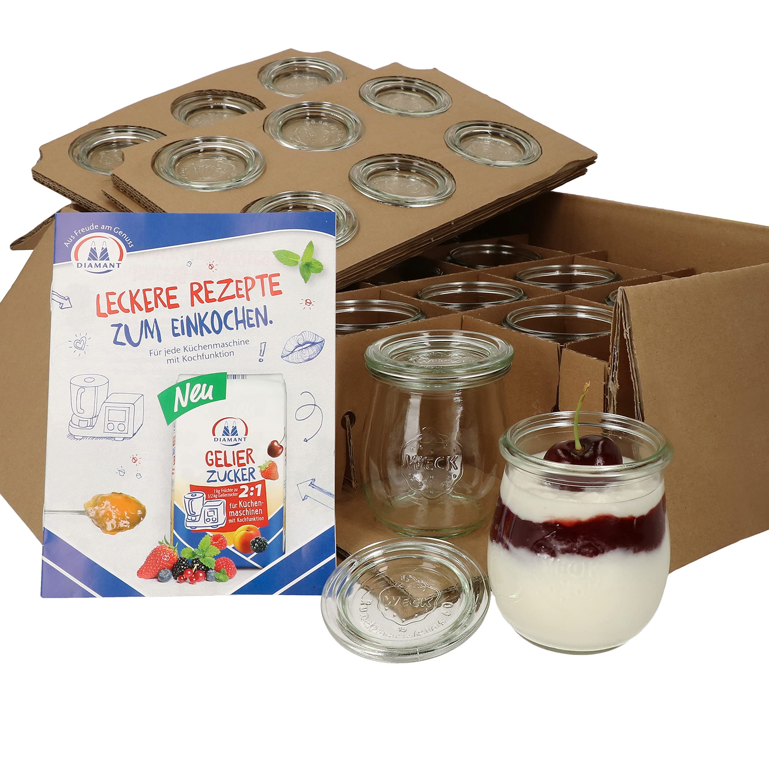 Set of 12 Weck Glass Jelly Jars, 220 ml Capacity, with 12 Glass Lids, Set Includes a Diamant-Zucker Gelierzauber Recipe Book (Product in German Language - German Sugar Company Jelly Recipe Book)