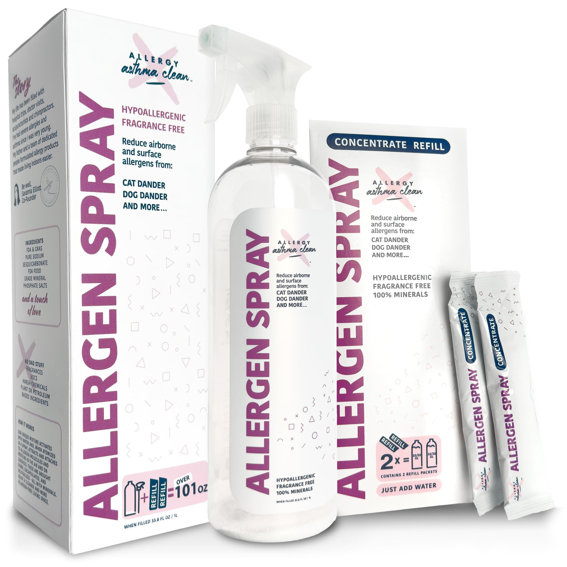 Allergen Spray, Pets, Dust Allergies & More, Air & Surface Control, Just Add Water, Bottle Plus Two Refills, Over 100oz Total