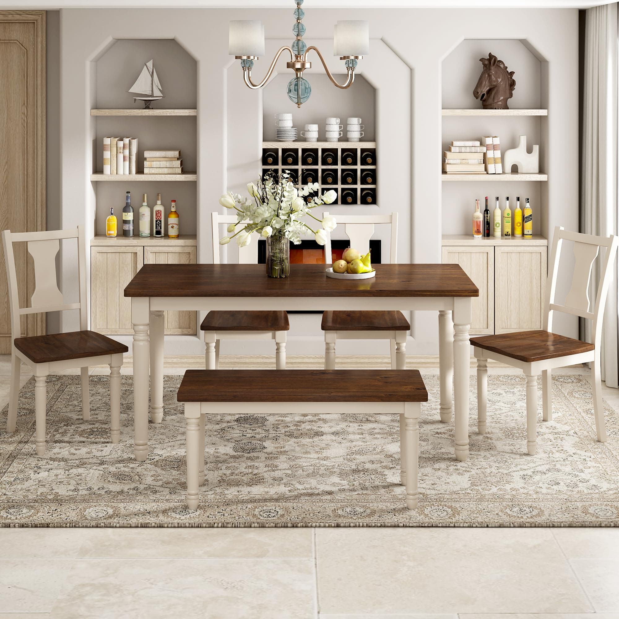 LUMISOL 6-Piece Dining Table Set with Bench, Including 1 Dining Table, 4 Chairs and 1 Bench, 6-Piece Solid Wood Dining Table Set for Dining Room, Brown+Cottage White