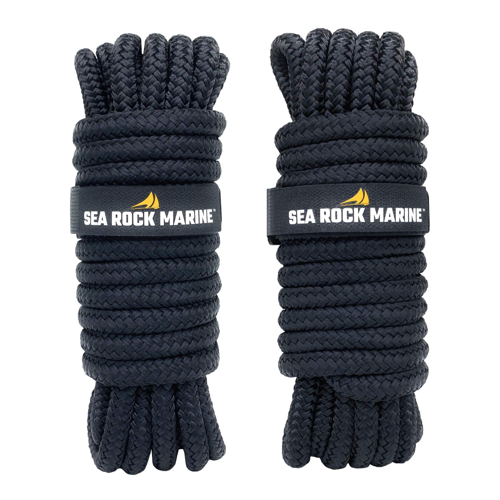 Premium Double Braided Nylon Dock Lines w 12” Eyelet & Bundle Ties - For Boats, Marine Rope, Boat Accessories - Black