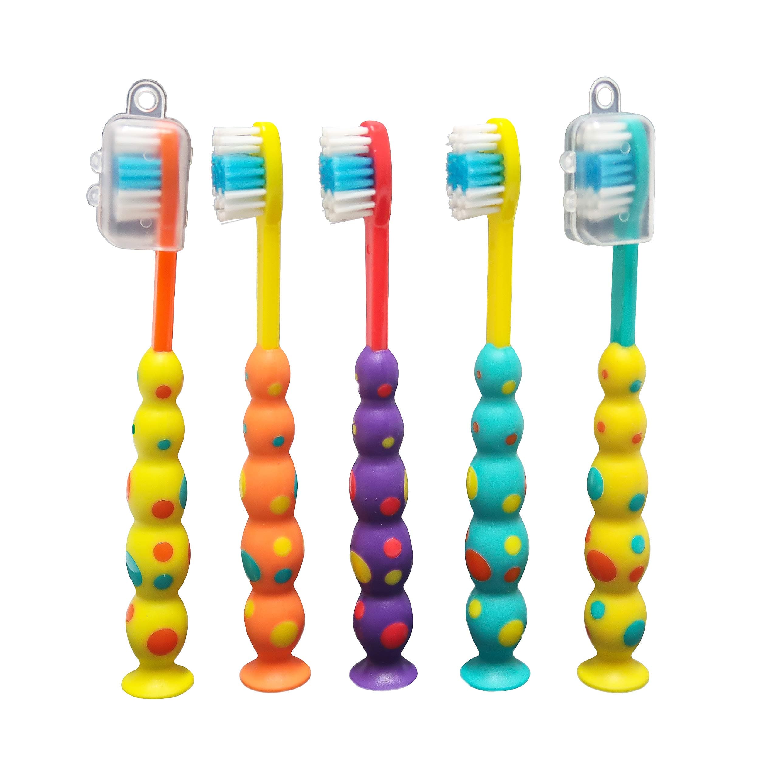 Manual Kids Toothbrush - 5 Pack - Soft Bristles, BPA Free, Suction Cup for Fun Storage, Dust Covers Included - Boys and Girls Toddler Toothbrush - Age 3+, Yellow