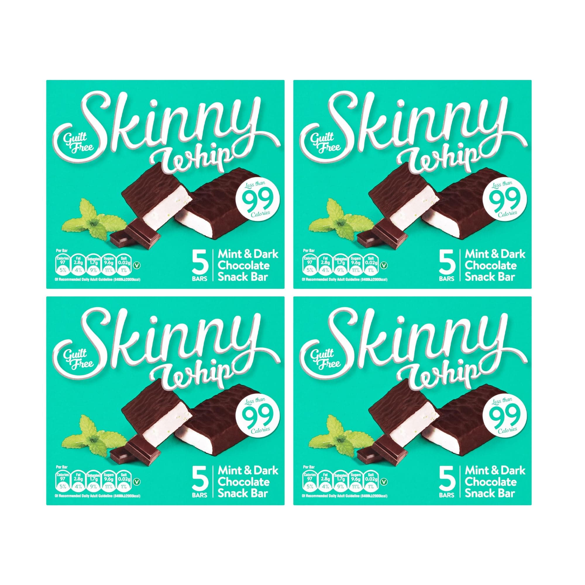 New Skinny Whip Snack bars less than 99 Calories 5 Variations Multi-Pack (Mint & Dark Chocolate, 4 Boxes)