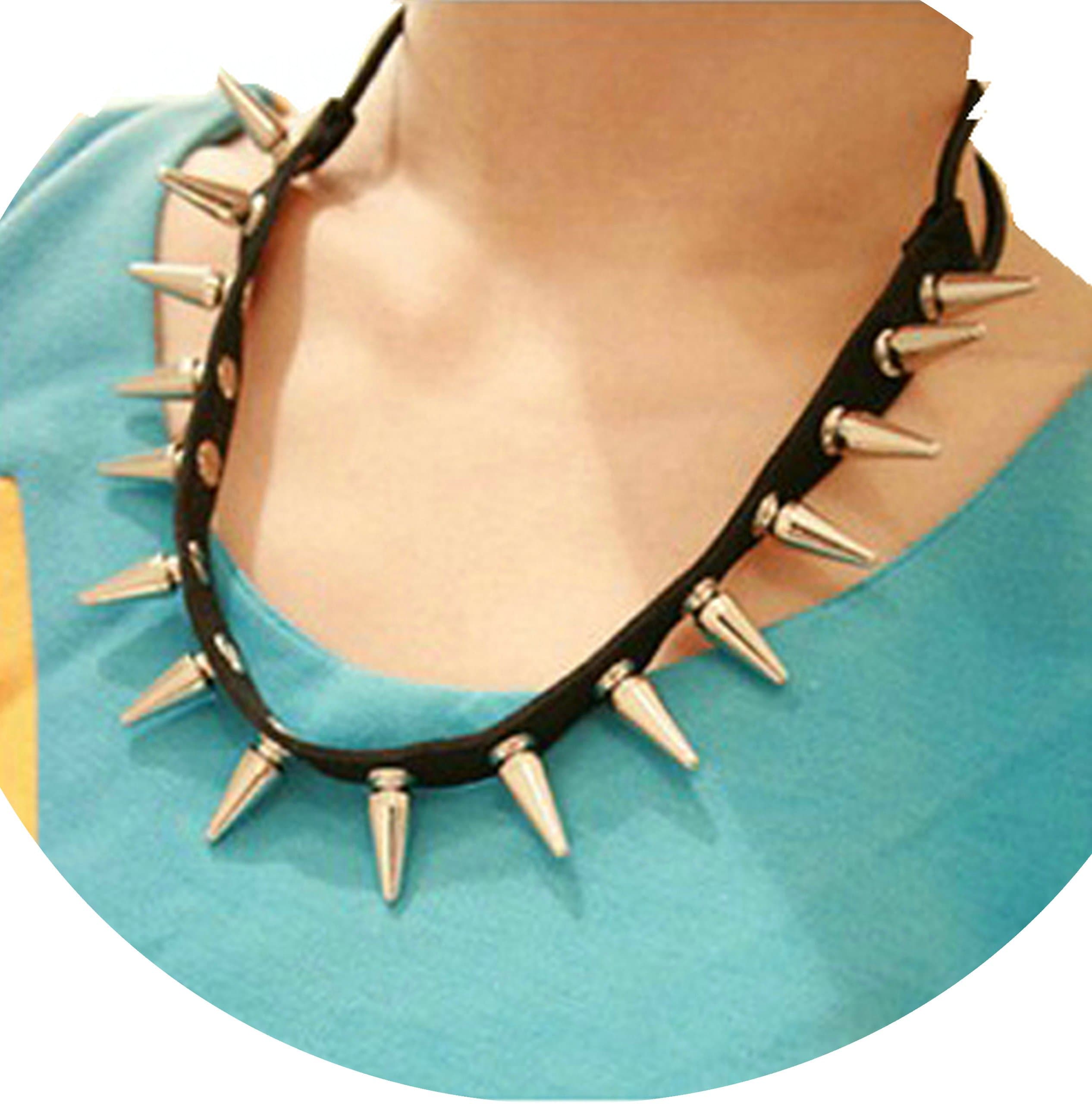 Xfy Punk Black Elastic Leather Strap Spike Rivet Studs Necklace Headband Unisex Sharp Cone Bracelet Chain Multifunctional Decorate Ornament Around 48cm Perimeter - Gold