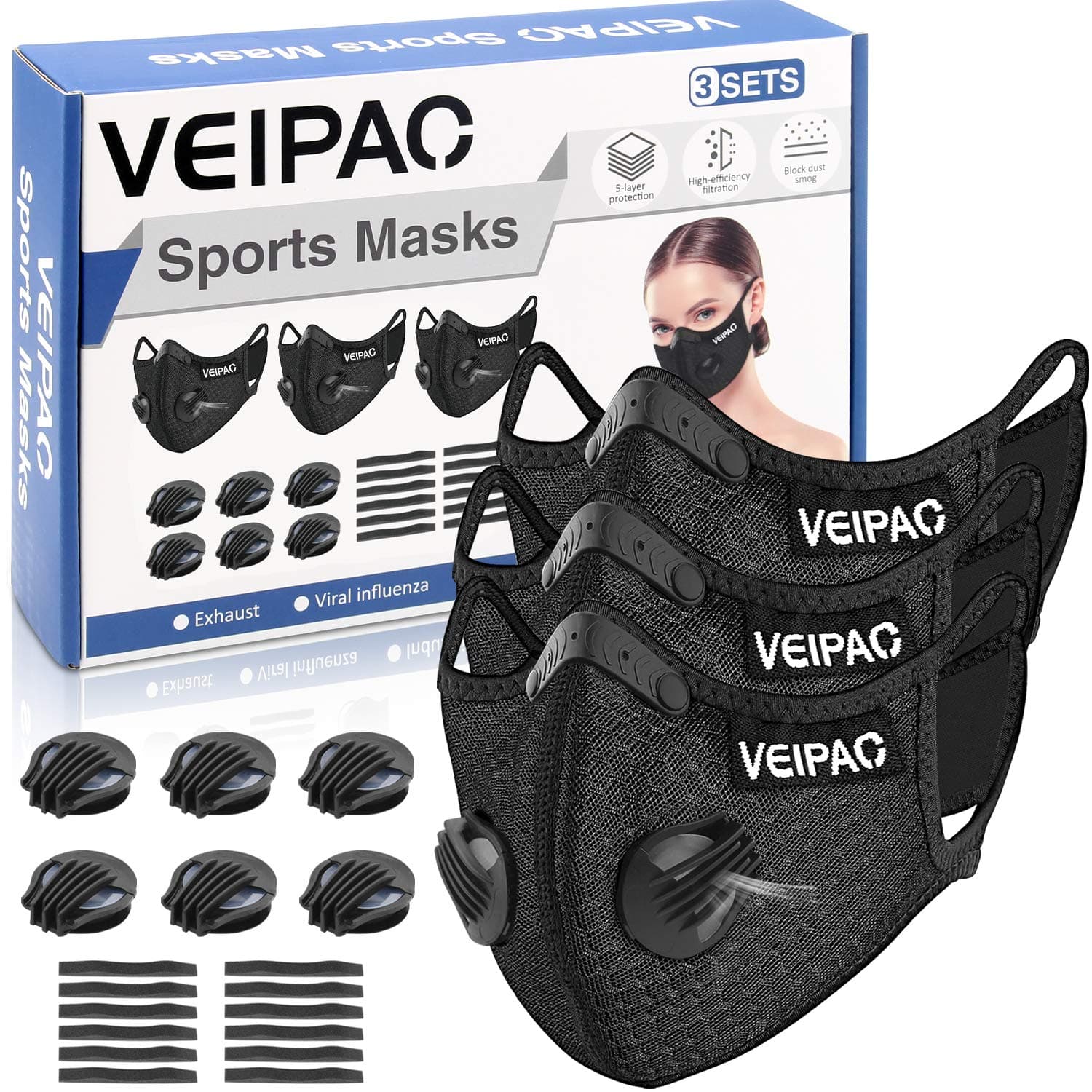 VEIPAO 3 Set Sports Running Mouth Cover with Activated Carbon Filter, 6 Breathing Valve, 12 Soft Foam Padding for Running Walking, Cycling, Motorcycle