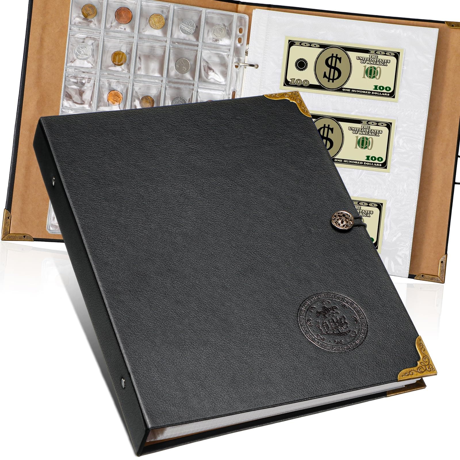 Zonon Coin Collecting Holder Album with 150 Coin Pockets and 240 Paper Currency Pockets, PU Leather Coins Collection Holder Penny Currency Storage Book (Black)