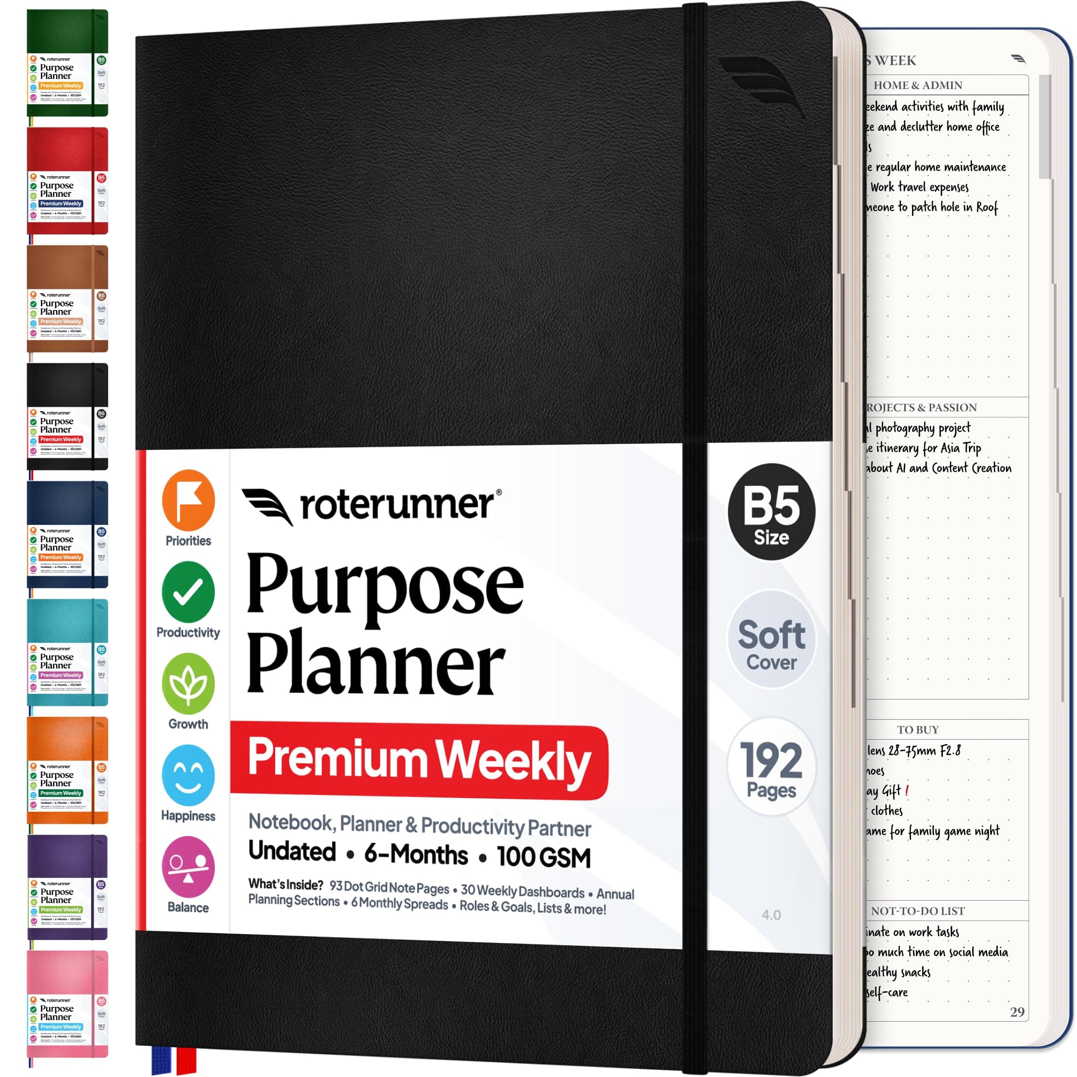 Roterunner Purpose Planner Notebook B5 7.5”x9.8” Undated 2026 Daily Weekly and Monthly Productivity Goal Setting Tool for Work Home ADHD Planner for Adults Self Care Journal