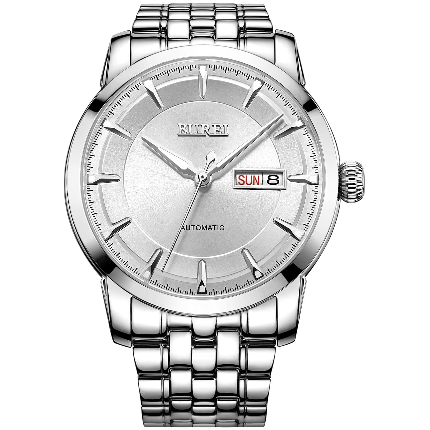 BUREI® Men's Luminous Day and Date Automatic Watch with Silver Link Bracelet, Silver Bezel White Dial