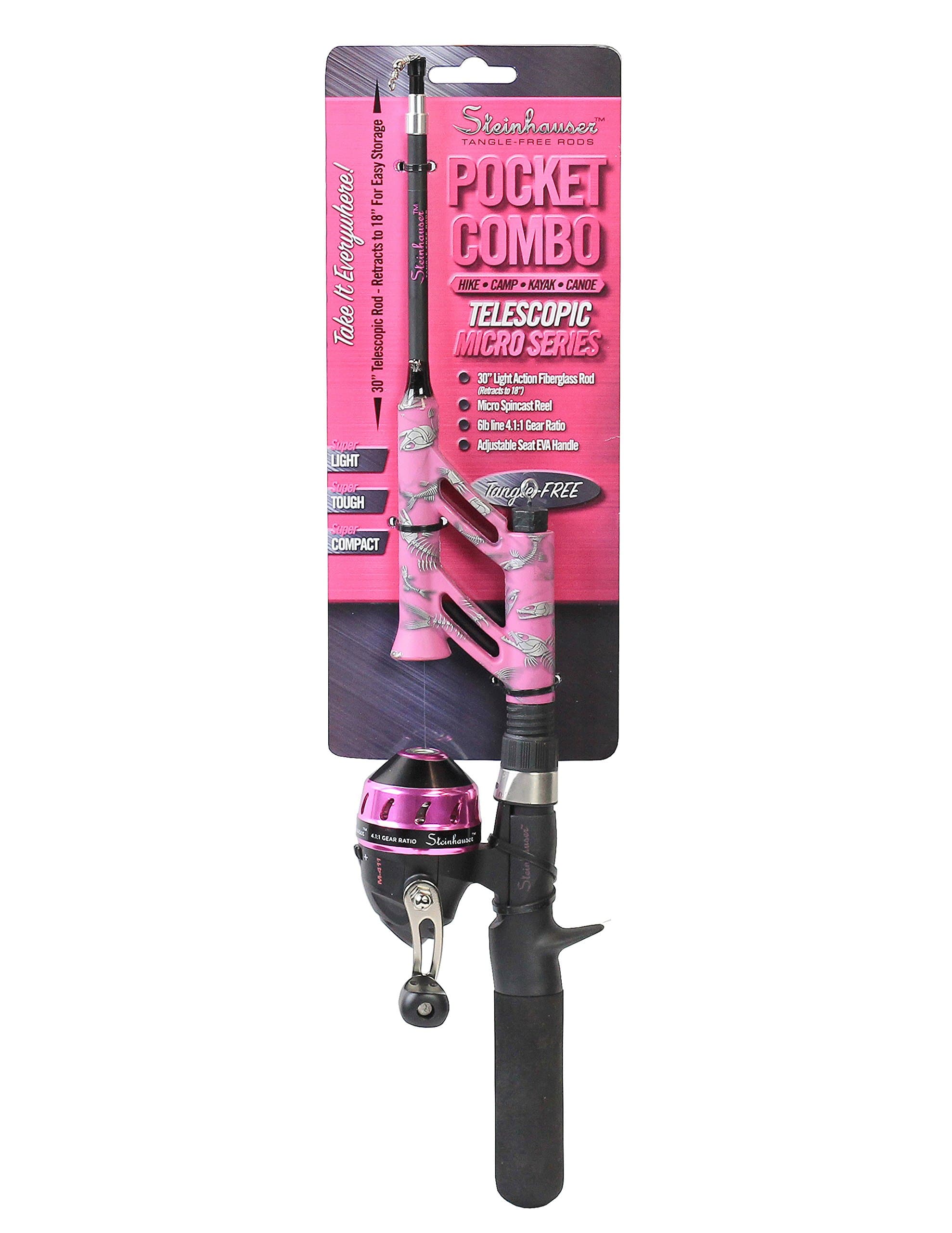 Steinhauser Tangle-Free Pocket Combo Telescoping Fishing Pole | Adjustable Lightweight Rod and Reel | 4.1:1 Gear Ratio | Pre-Spooled 6-lb Line | Pink