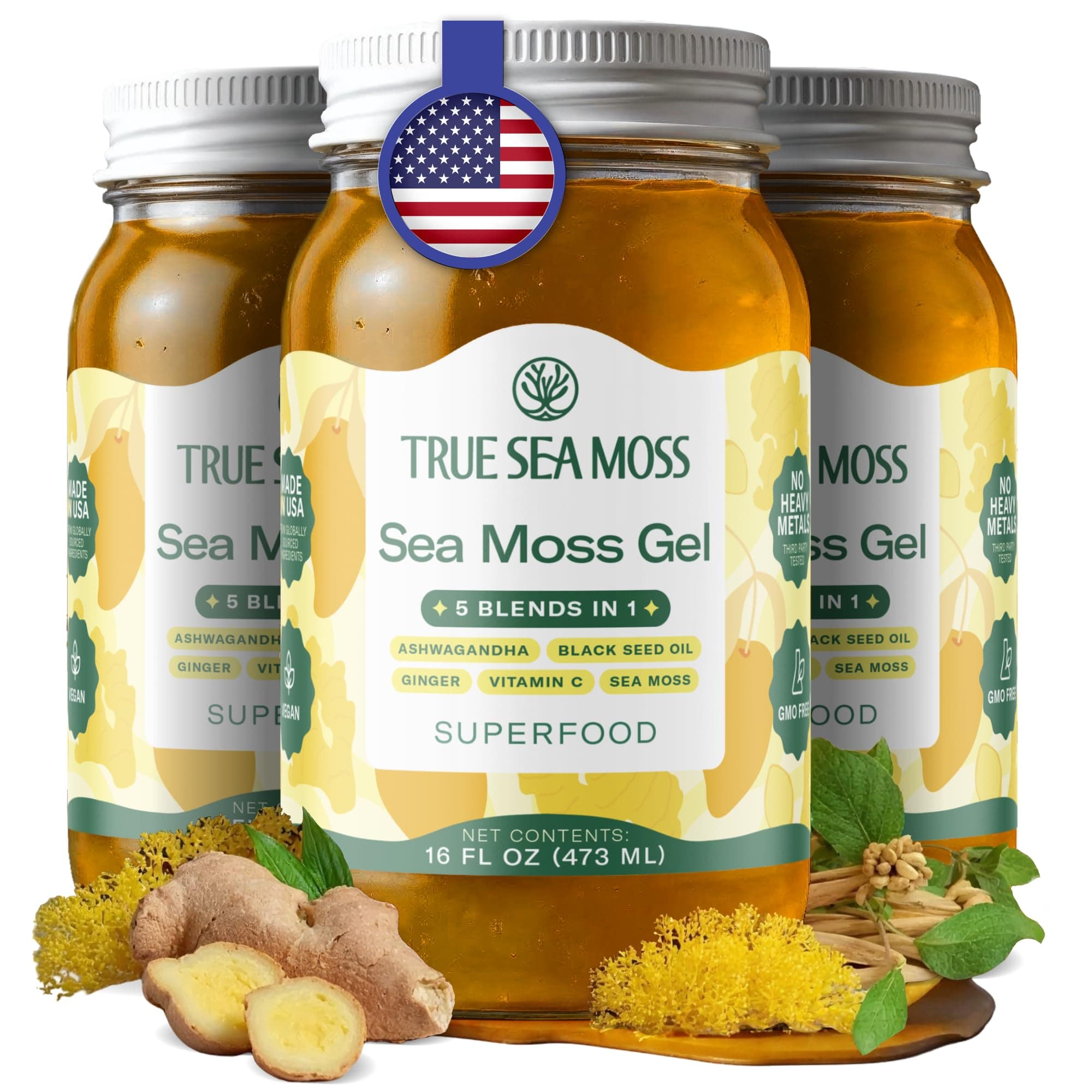TrueSeaMoss Sea Moss Gel – Made in USA – 5-in-1 Formula – Wildcrafted Seamoss, Ashwagandha & Jarred Vegetables – Ashwagandha, Pack of 3 (Labels may Vary)