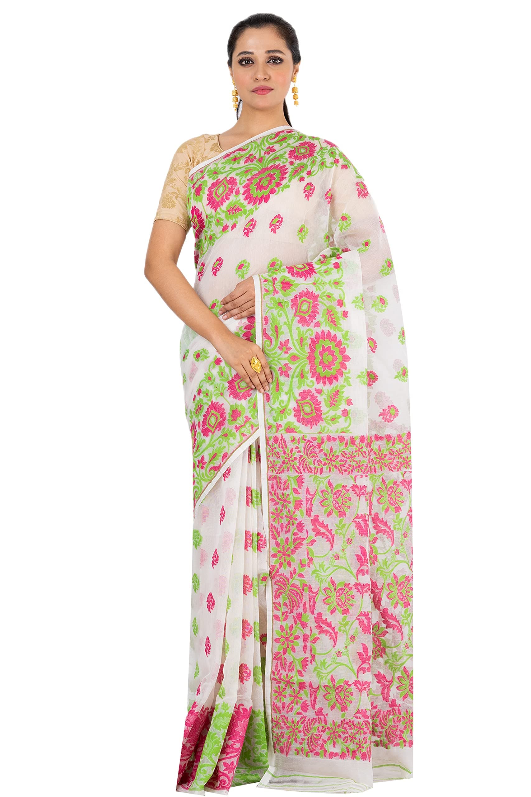 ZHOOSH Women`s Soft Resham all over work Dhakai jamdani Saree