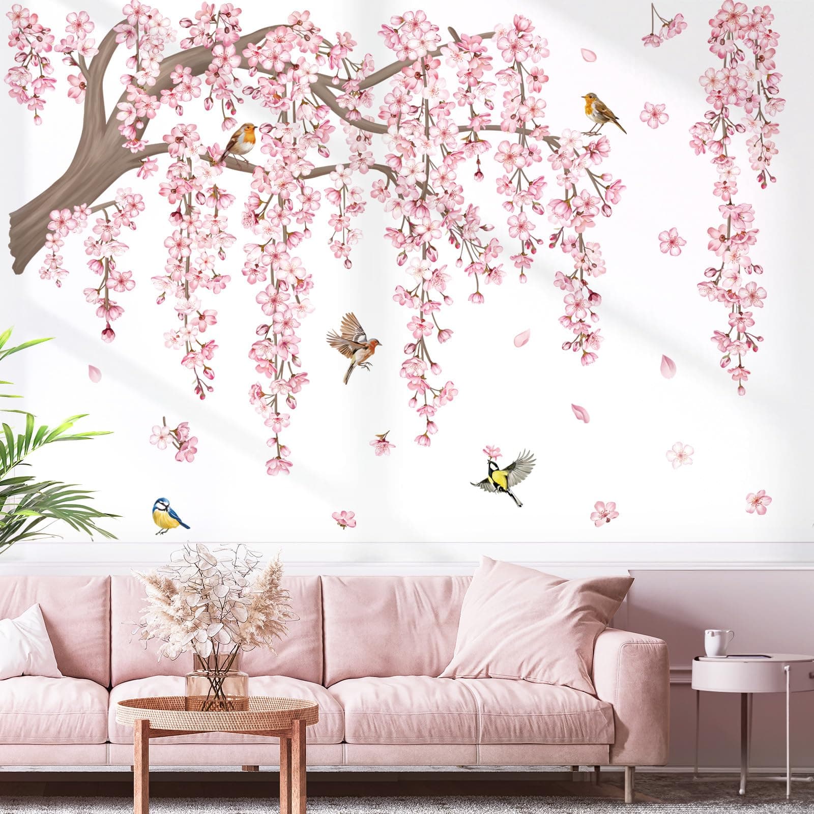 decalmile Large Pink Flower Tree Branch Wall Decals Cherry Blossom Tree Floral Birds Wall Stickers Living Room Bedroom Tv Background Wall Decor