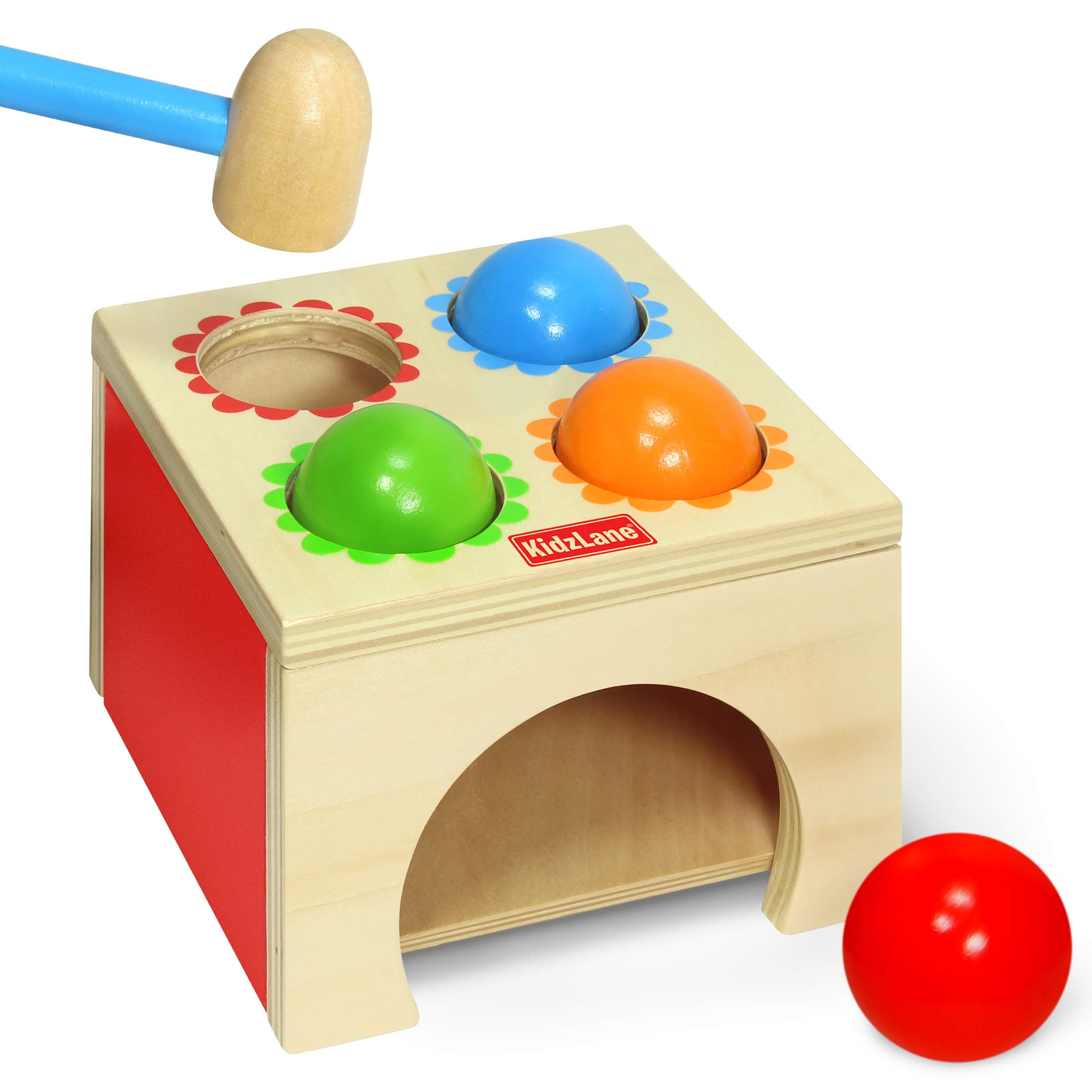 Kidzlane Toy Hammer and 4-Ball Wooden Play Set | Learn Colors, Counting, Building Ages 18M++