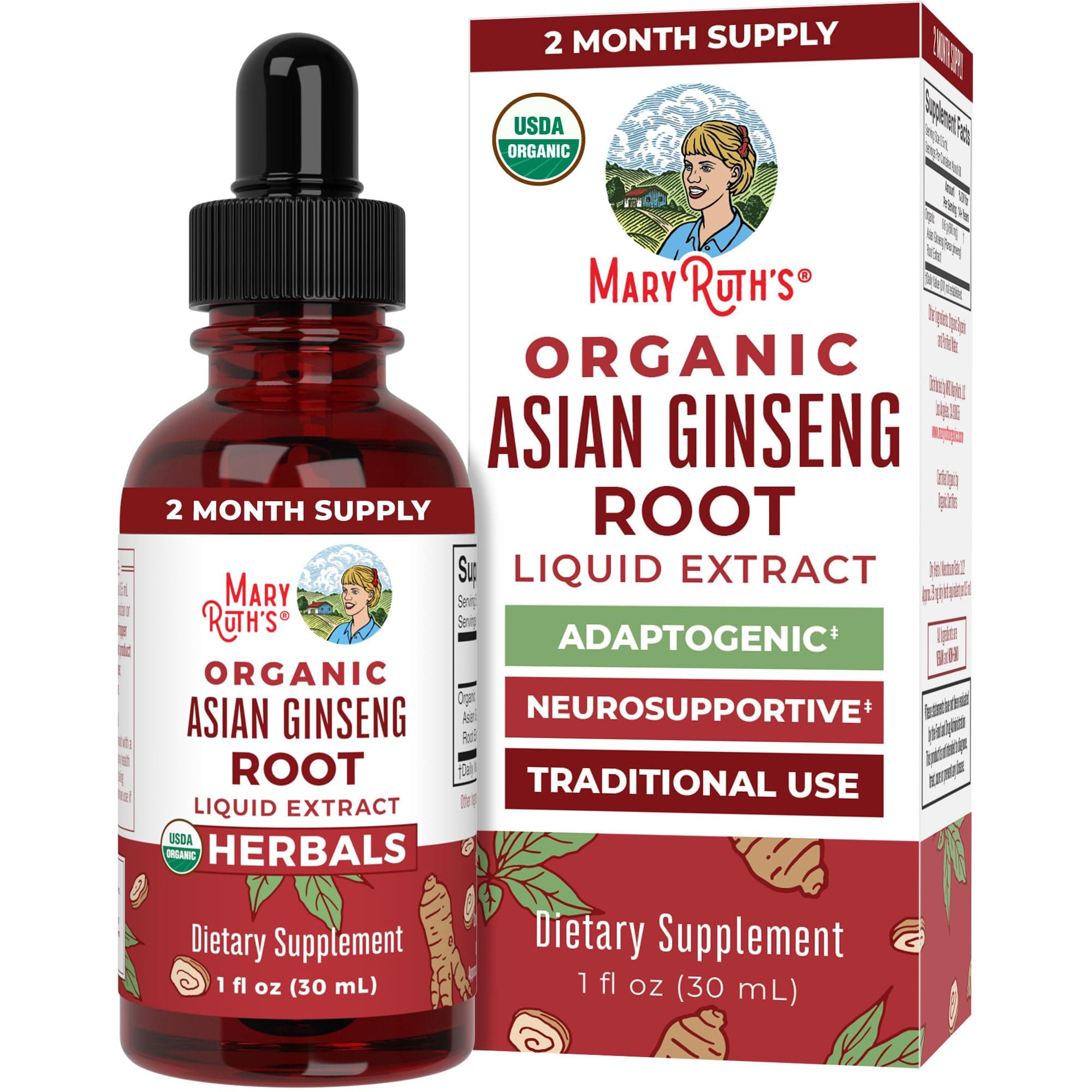 MaryRuth OrganicsGinseng | Ginseng Root | Asian Ginseng Supplement | Herbal Supplement for Vitality | Antioxidant | Supports Focus Energy & Endurance | Vegan | Non-GMO | Gluten Free | 1 Fl Oz